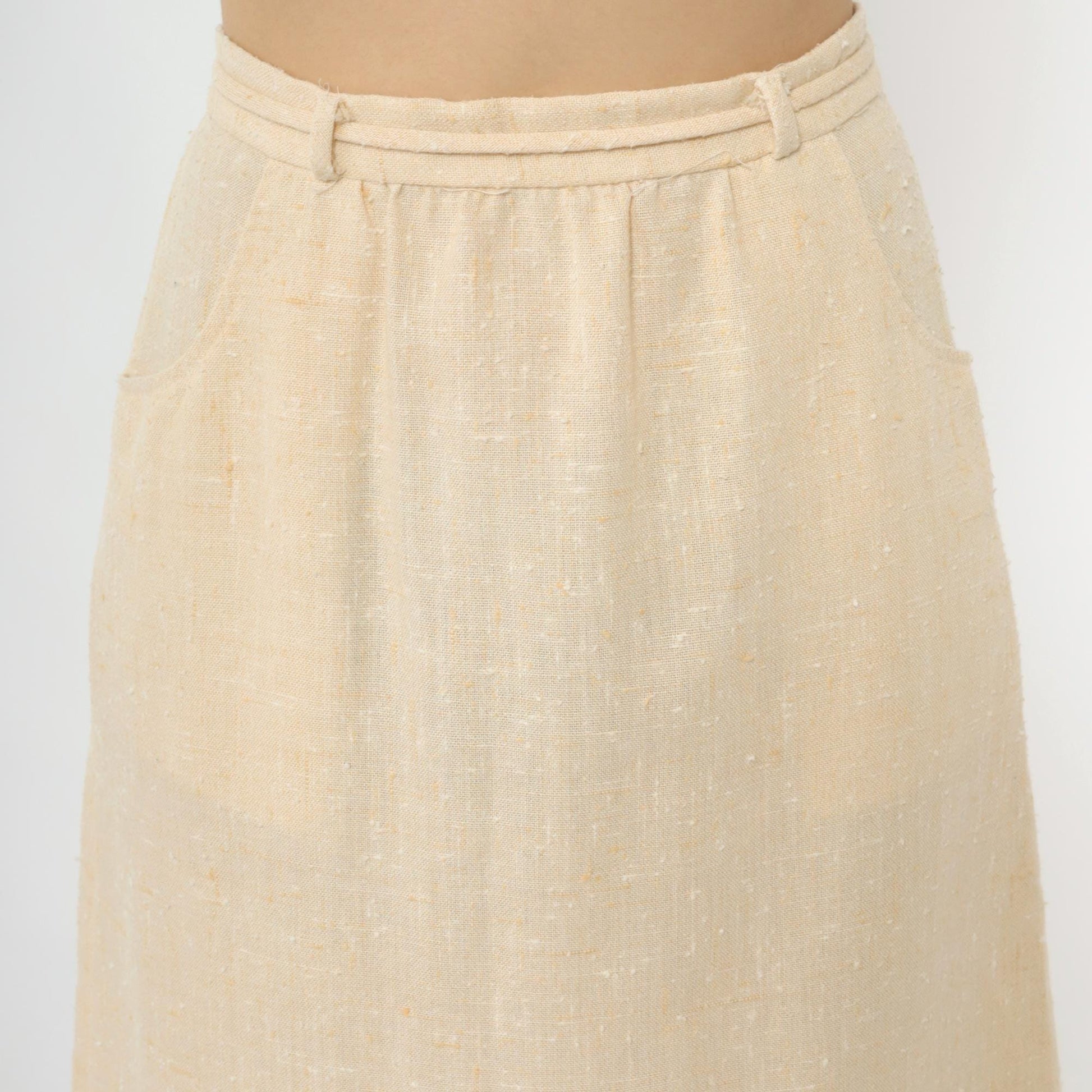 80s Cream Flecked A-Line Midi Skirt High Waist Tie Belt Pockets Small