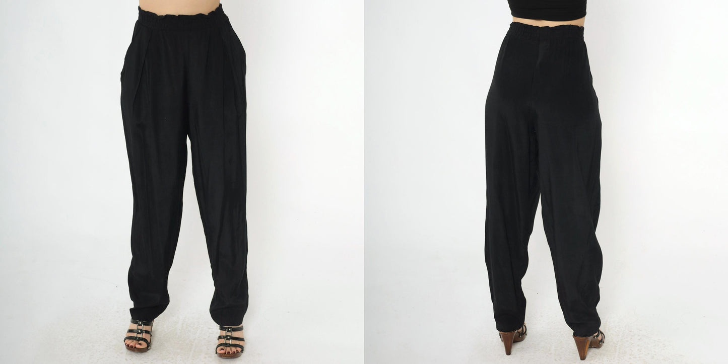80s Black Pleated High-Waist Tapered Trousers Rayon Medium 10