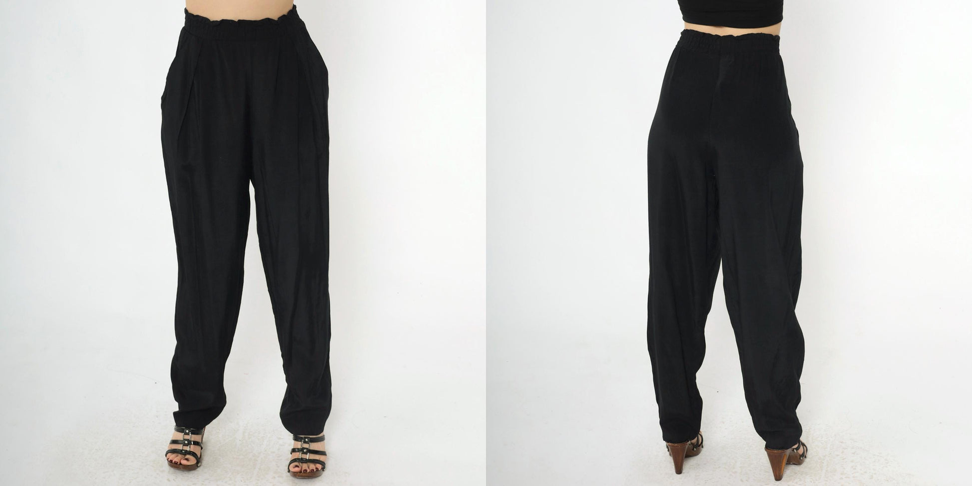 80s Black Pleated High-Waist Tapered Trousers Rayon Medium 10