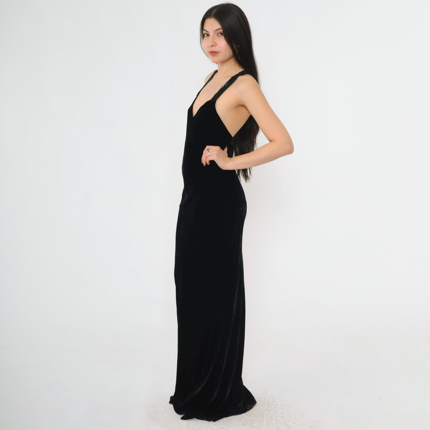 90s Ralph Lauren Collection Black Velvet Maxi Gown Sequin Straps Open Back Small 4