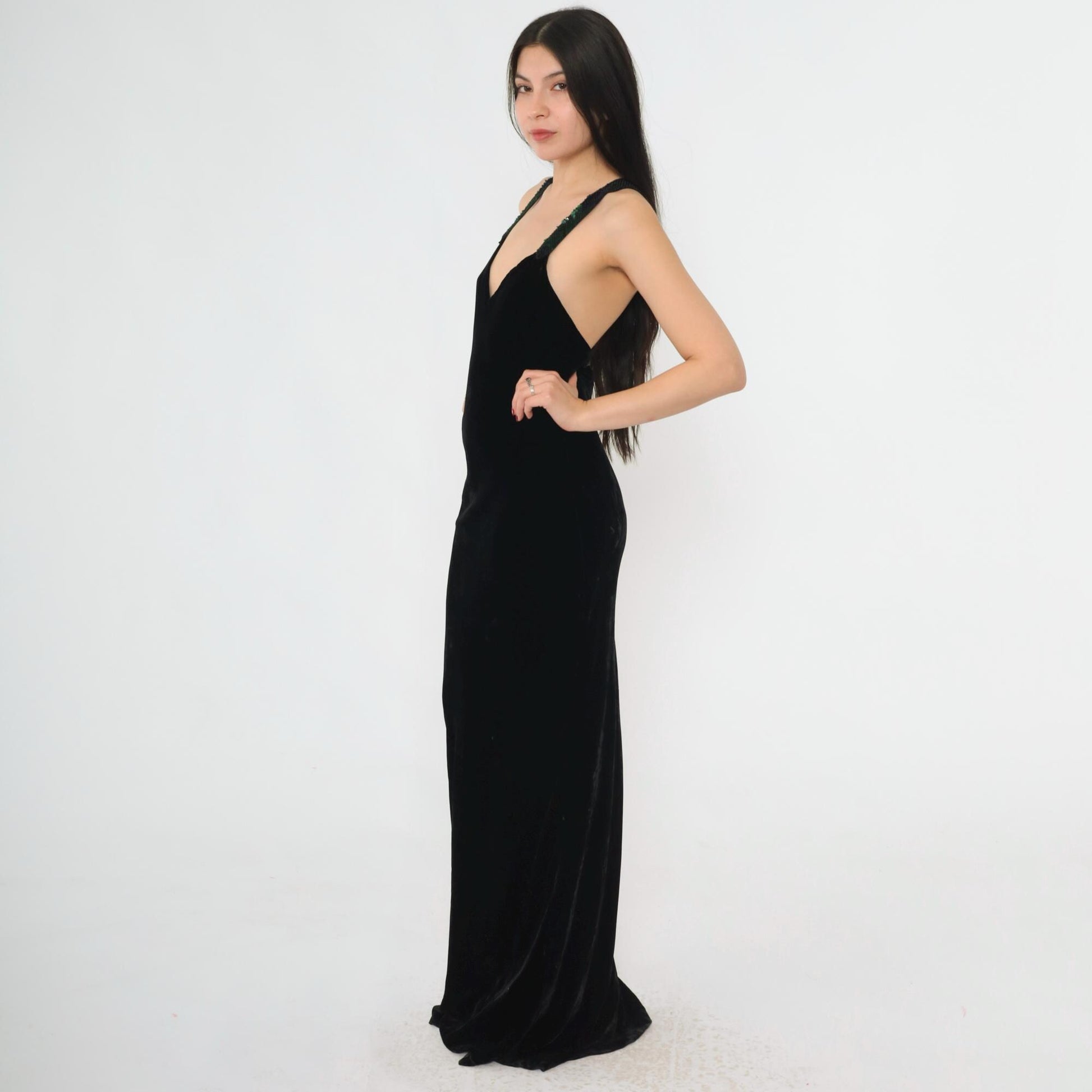 90s Ralph Lauren Collection Black Velvet Maxi Gown Sequin Straps Open Back Small 4