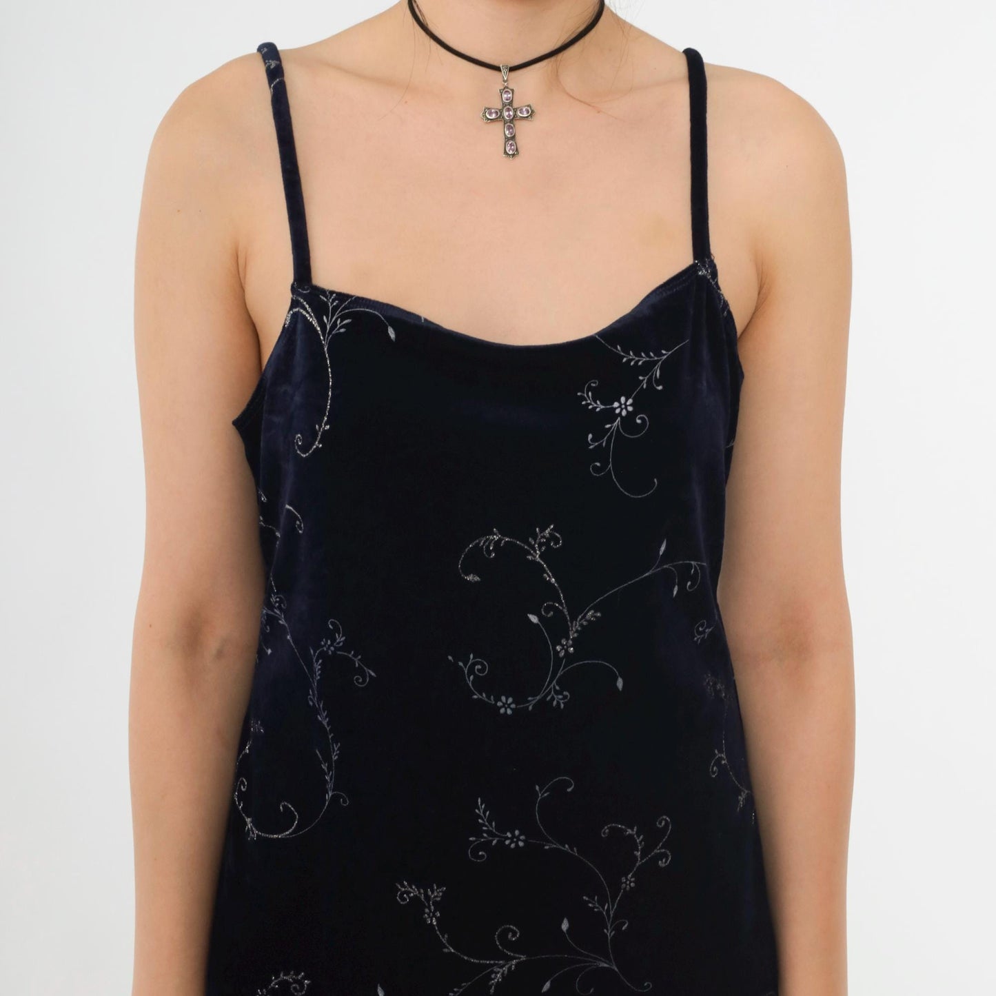 Y2K Navy Velvet Mini Dress Glittery Floral Spaghetti Strap Sheath Large