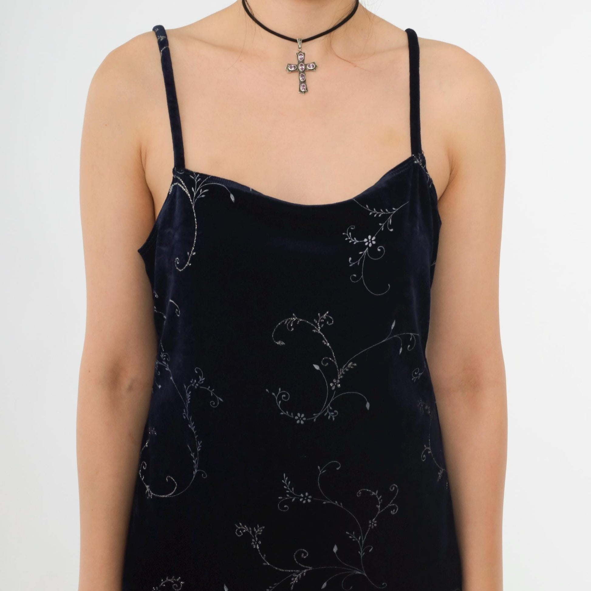 Y2K Navy Velvet Mini Dress Glittery Floral Spaghetti Strap Sheath Large