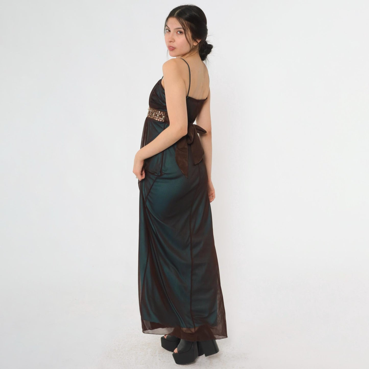 Y2K Teal Sequin Beaded Maxi Party Dress Brown Mesh Overlay Spaghetti Strap Large