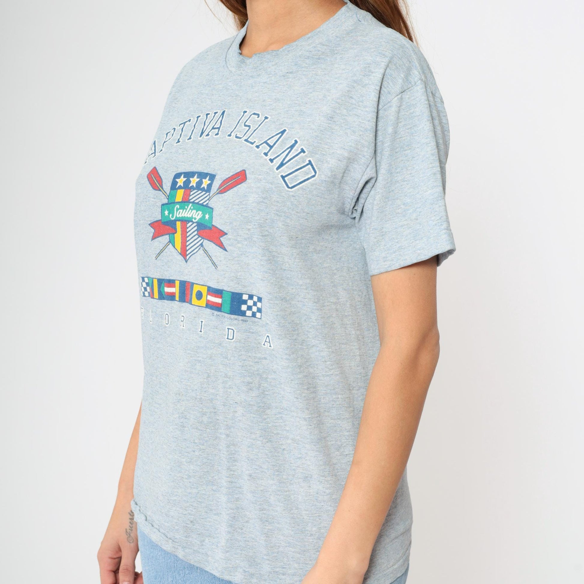 90s Captiva Island Florida Nautical Sailing Graphic T-Shirt Blue Medium