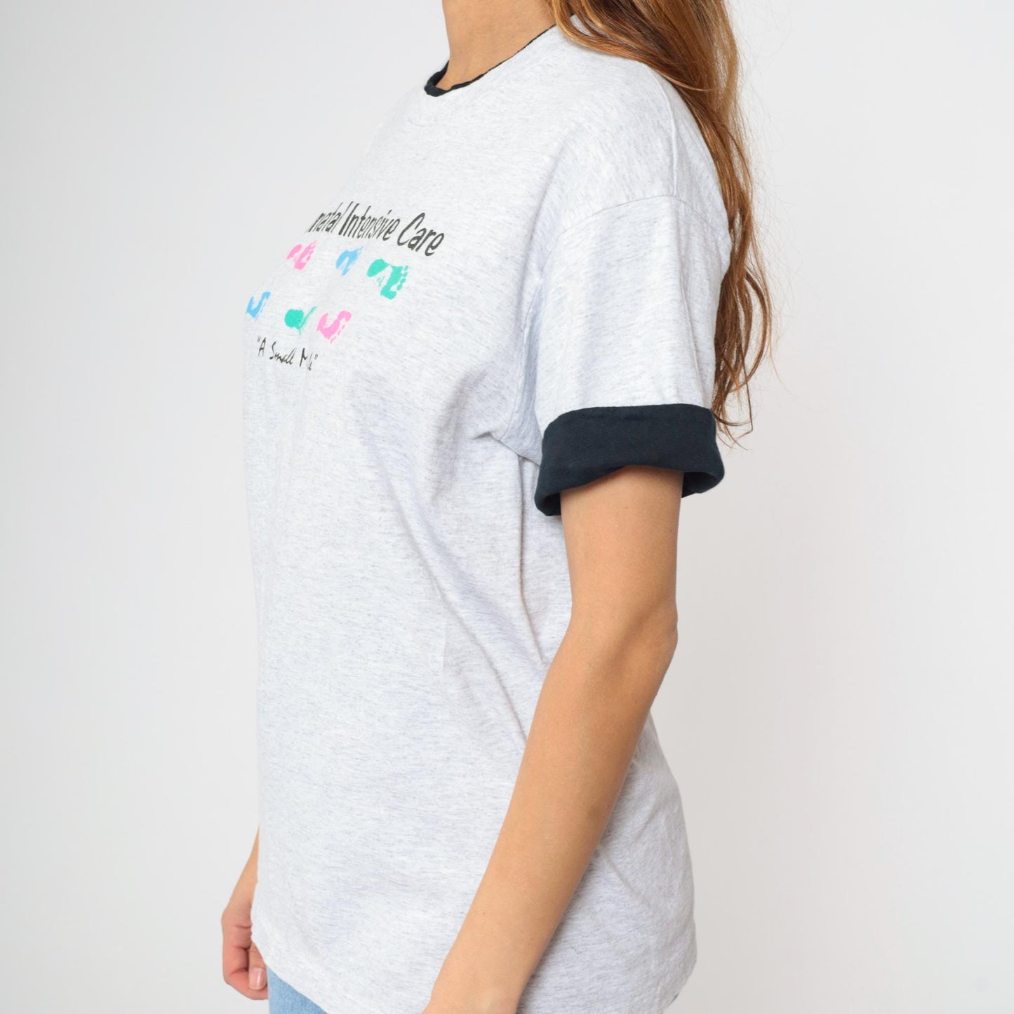 90s Neonatal Intensive Care T-Shirt Grey Ringer Tee Baby Footprint Medium