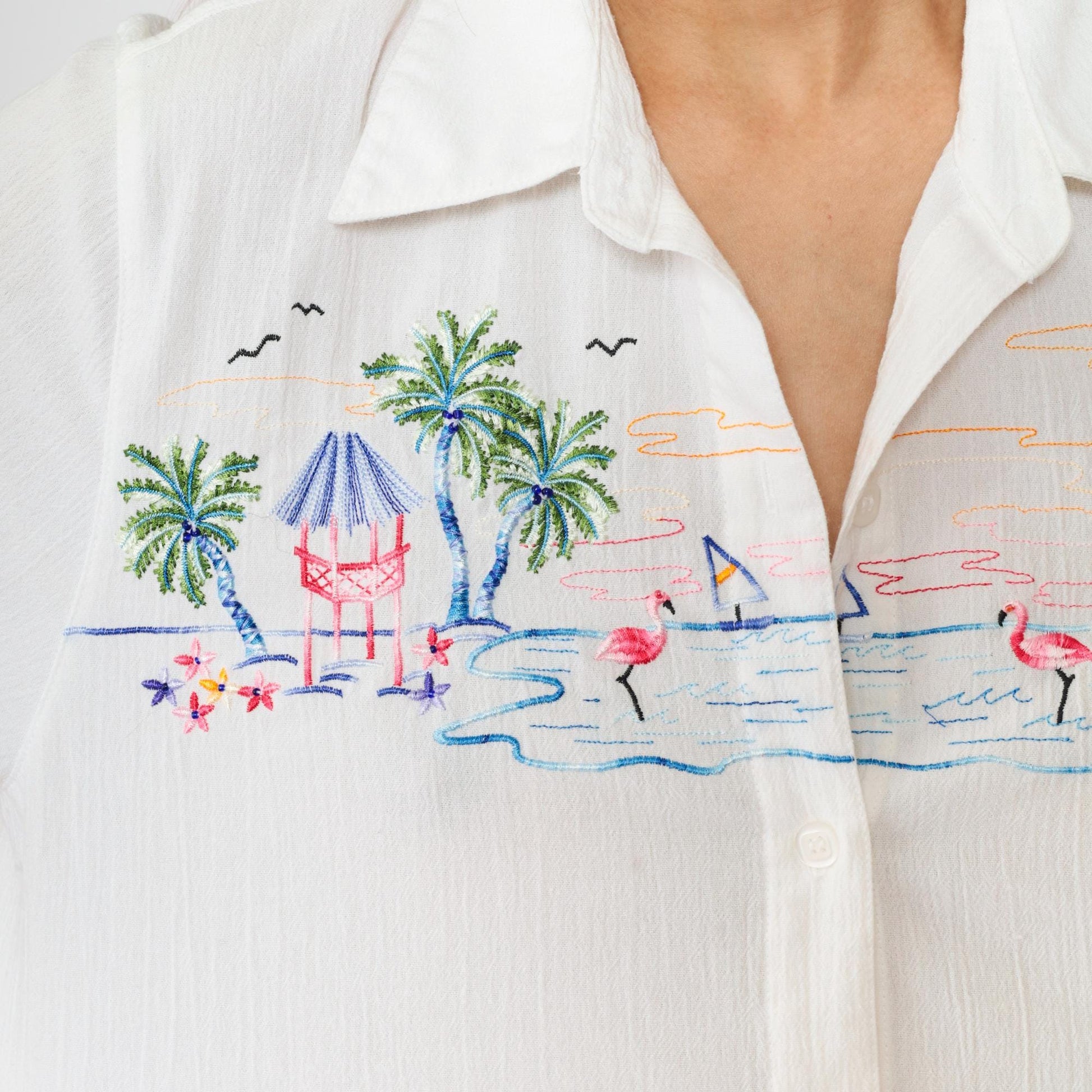 90s Alfred Dunner Hawaiian Shirt White Hula Girl Embroidered XL