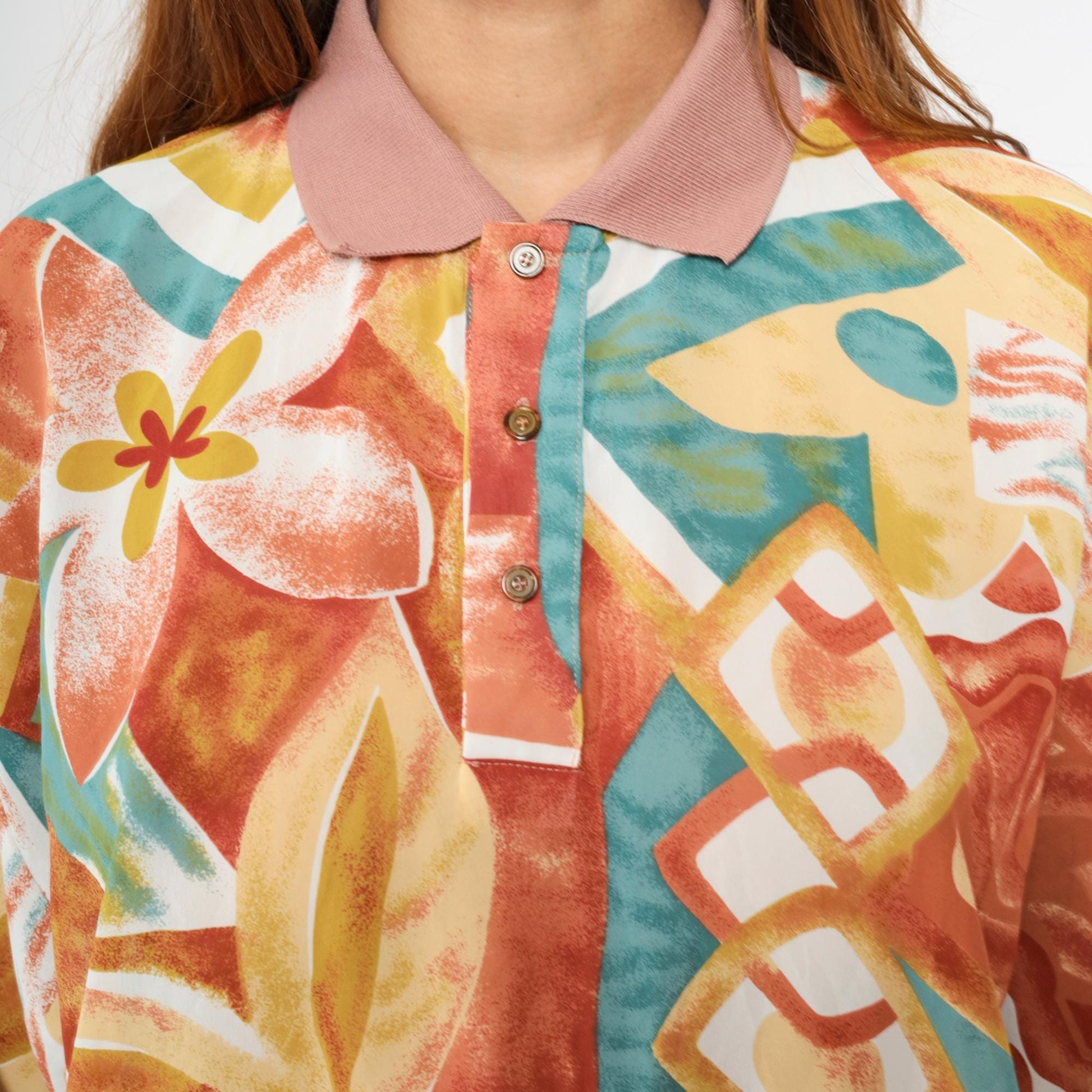Y2K Tropical Floral Polo Shirt Multicolor Abstract Print Orange Large