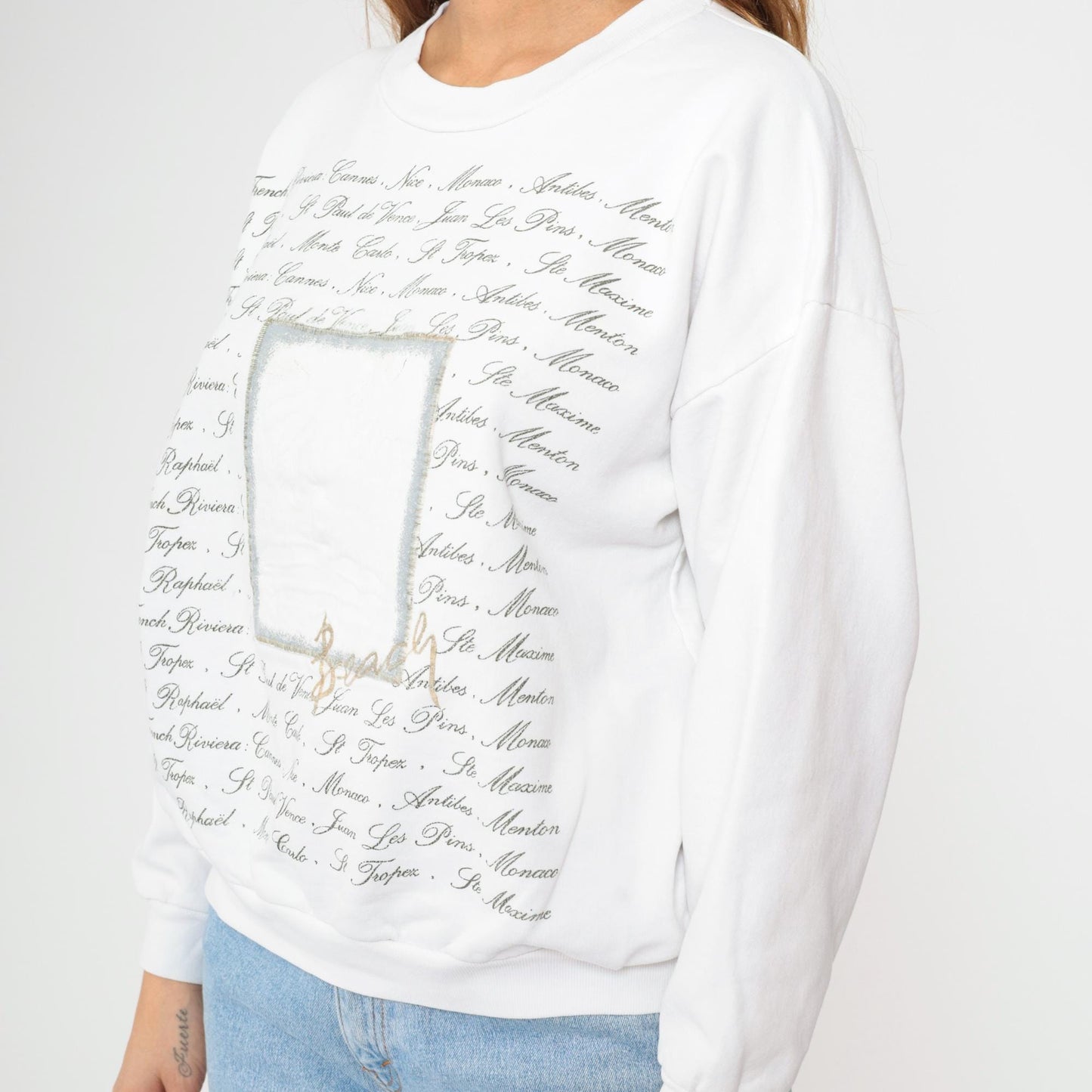 90s French Riviera Sweatshirt White Palm Tree Beach Print Crewneck Large L