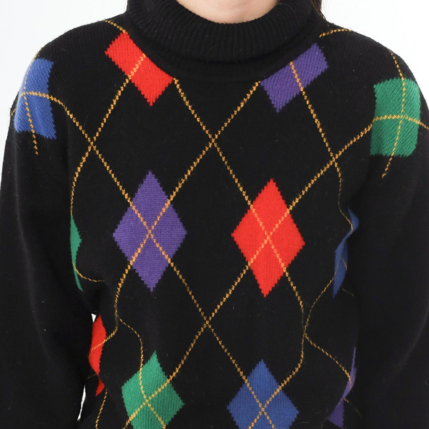 80s Wheeler & Martha Wool Argyle Sweater Black Mock Neck Medium