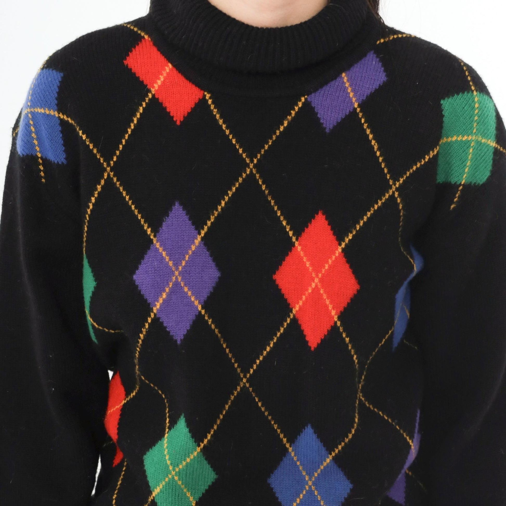 80s Wheeler & Martha Wool Argyle Sweater Black Mock Neck Medium