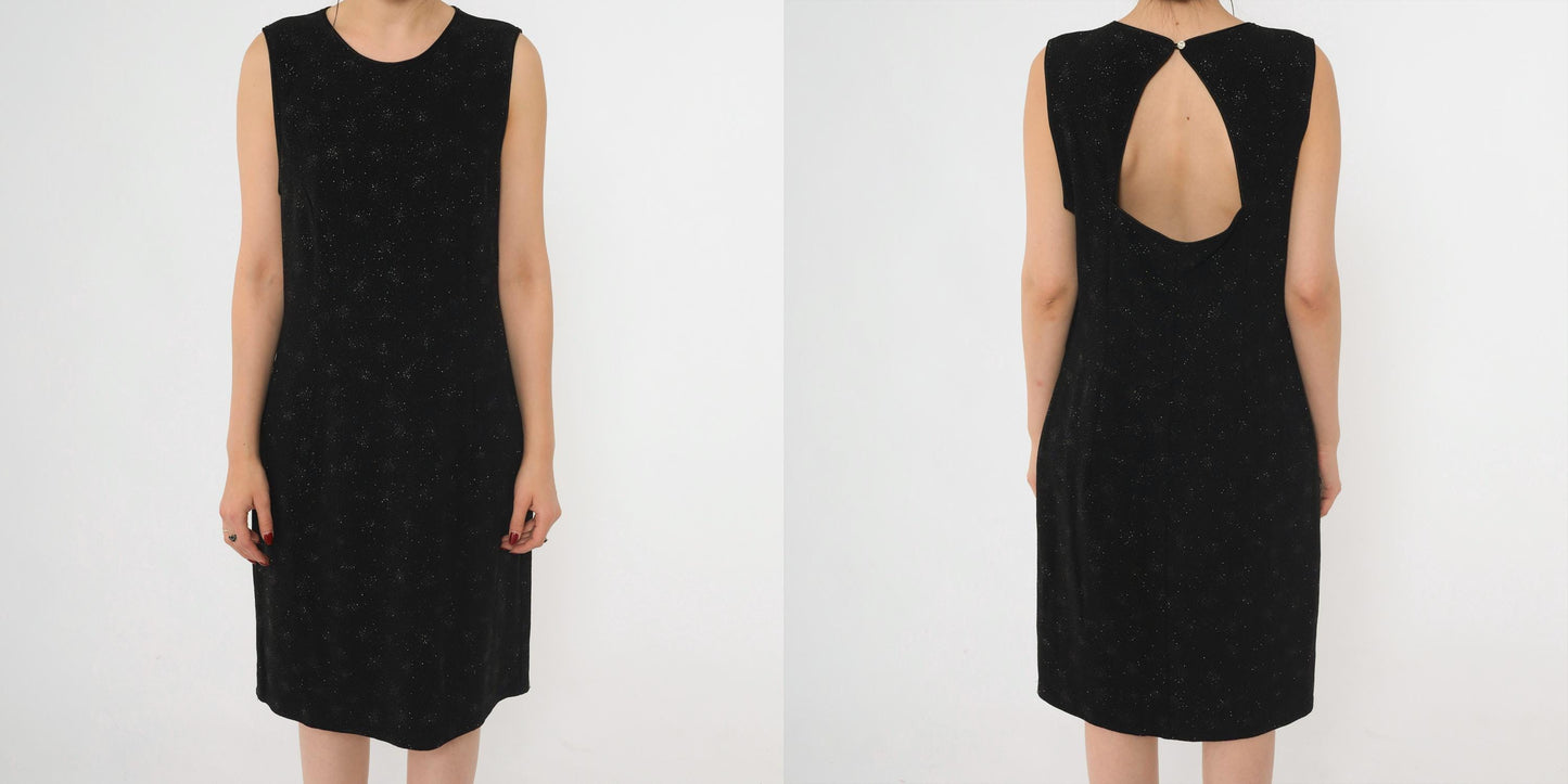 90s Onyx Nite Black Glitter Starburst Keyhole Back Midi Dress Large