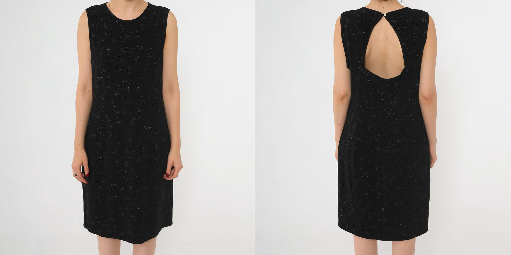 90s Onyx Nite Black Glitter Starburst Keyhole Back Midi Dress Large
