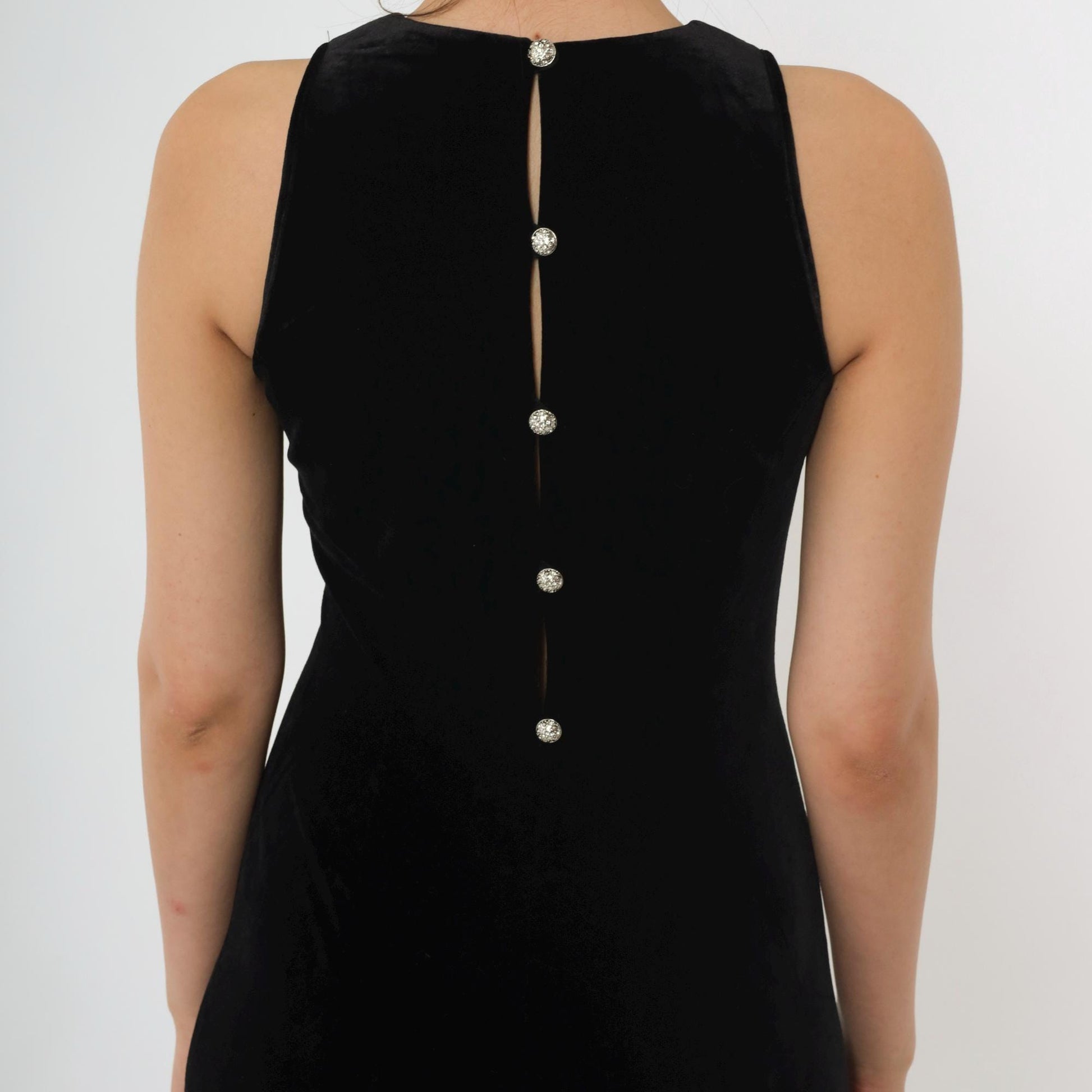 90s Papell Boutique Black Velvet Maxi Gown Rhinestone Back Sleeveless Small 4