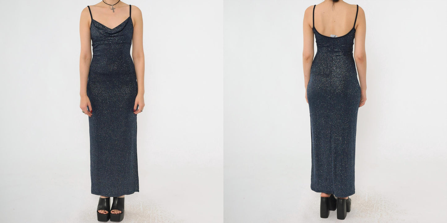 00s Metallic Blue Maxi Dress Cowl Neck Bodycon High Slit Small