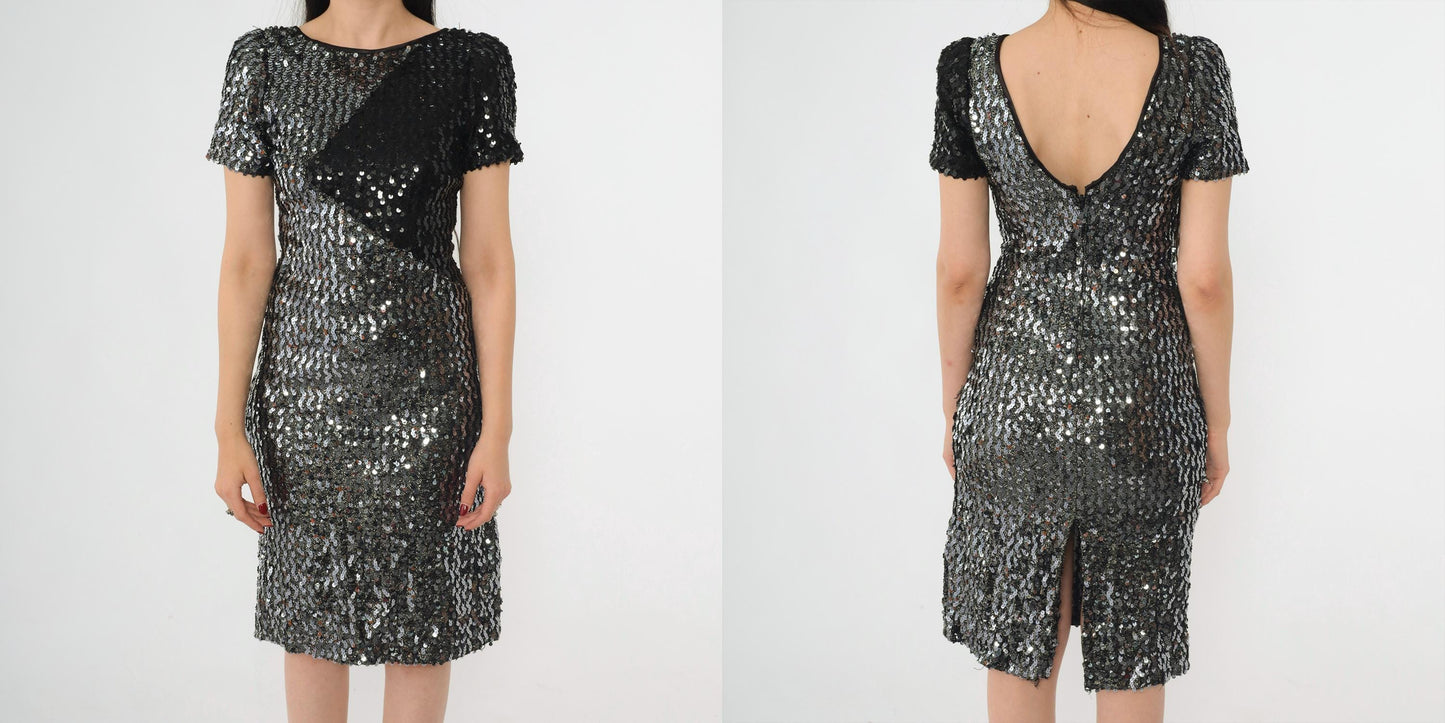 80s Silver Black Sequin Color Block Mini Dress Puff Sleeve Scoop Back Small