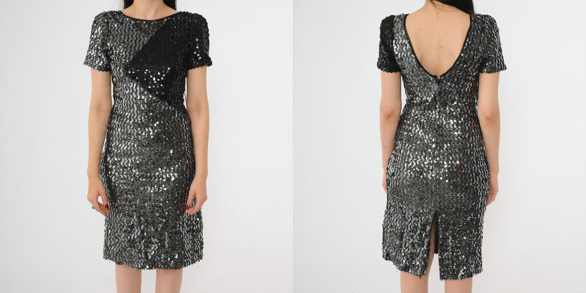 80s Silver Black Sequin Color Block Mini Dress Puff Sleeve Scoop Back Small