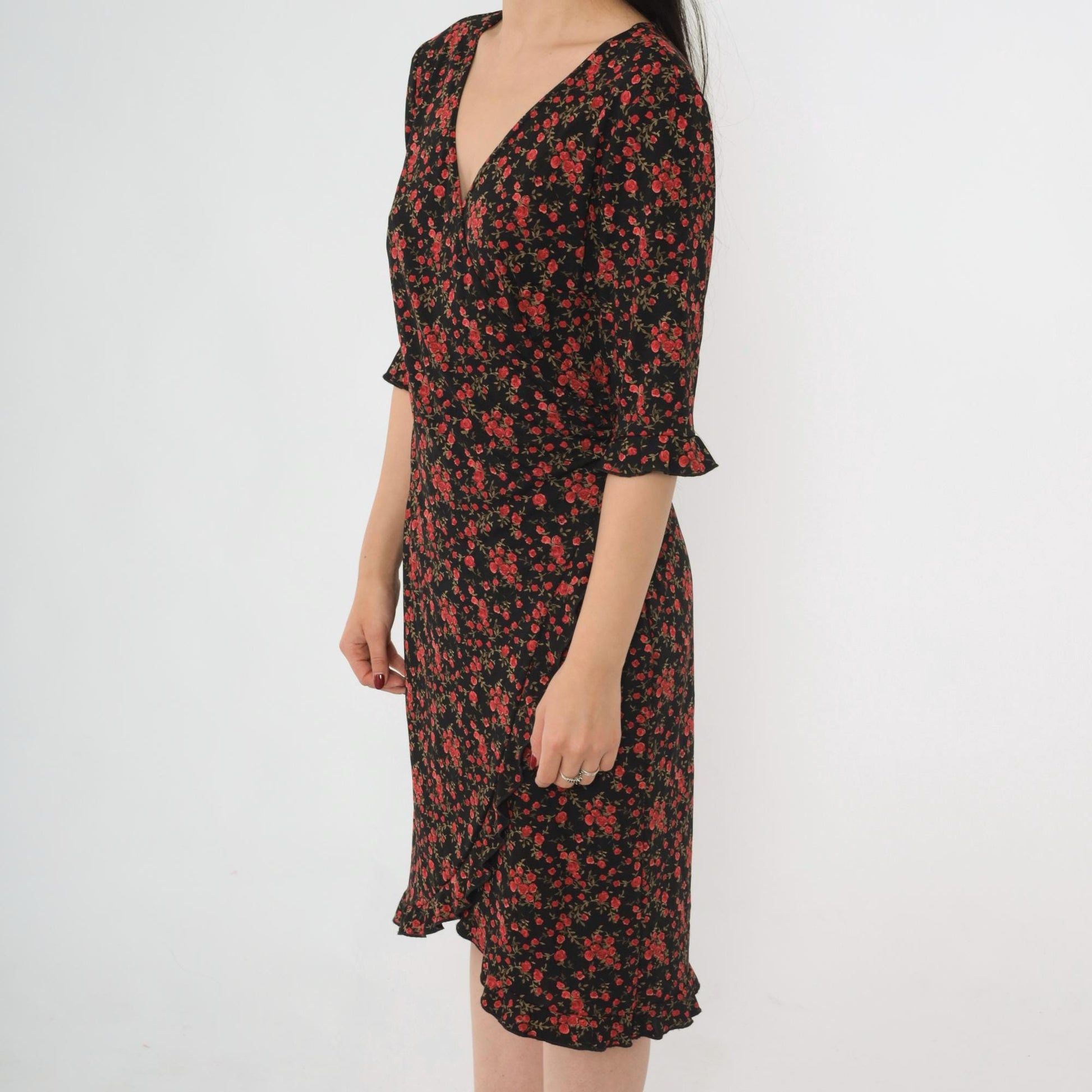 90s Connected Apparel Black Floral Midi Dress Rose Print V Neck Medium