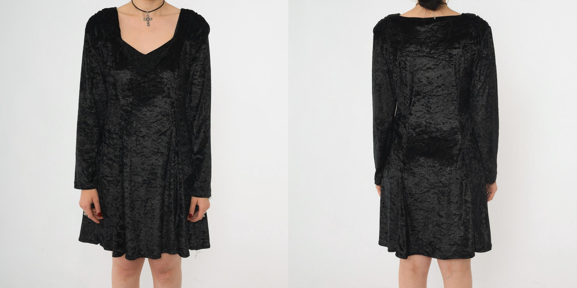 90s Black Crushed Velvet Mini Dress Lace Trim Long Sleeve Medium M