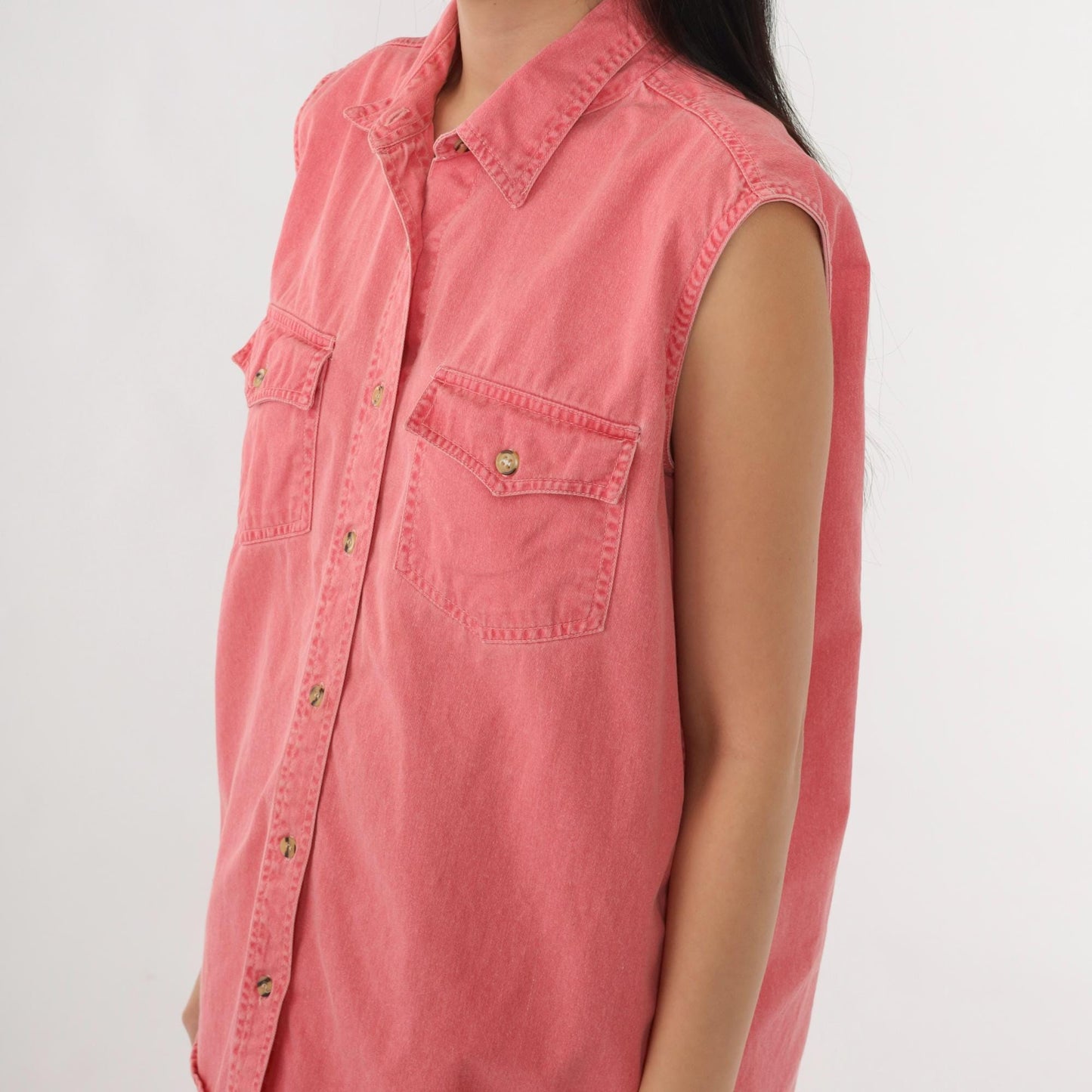 90s Pink Cotton Sleeveless Button-Up Blouse Chest Pockets Large L
