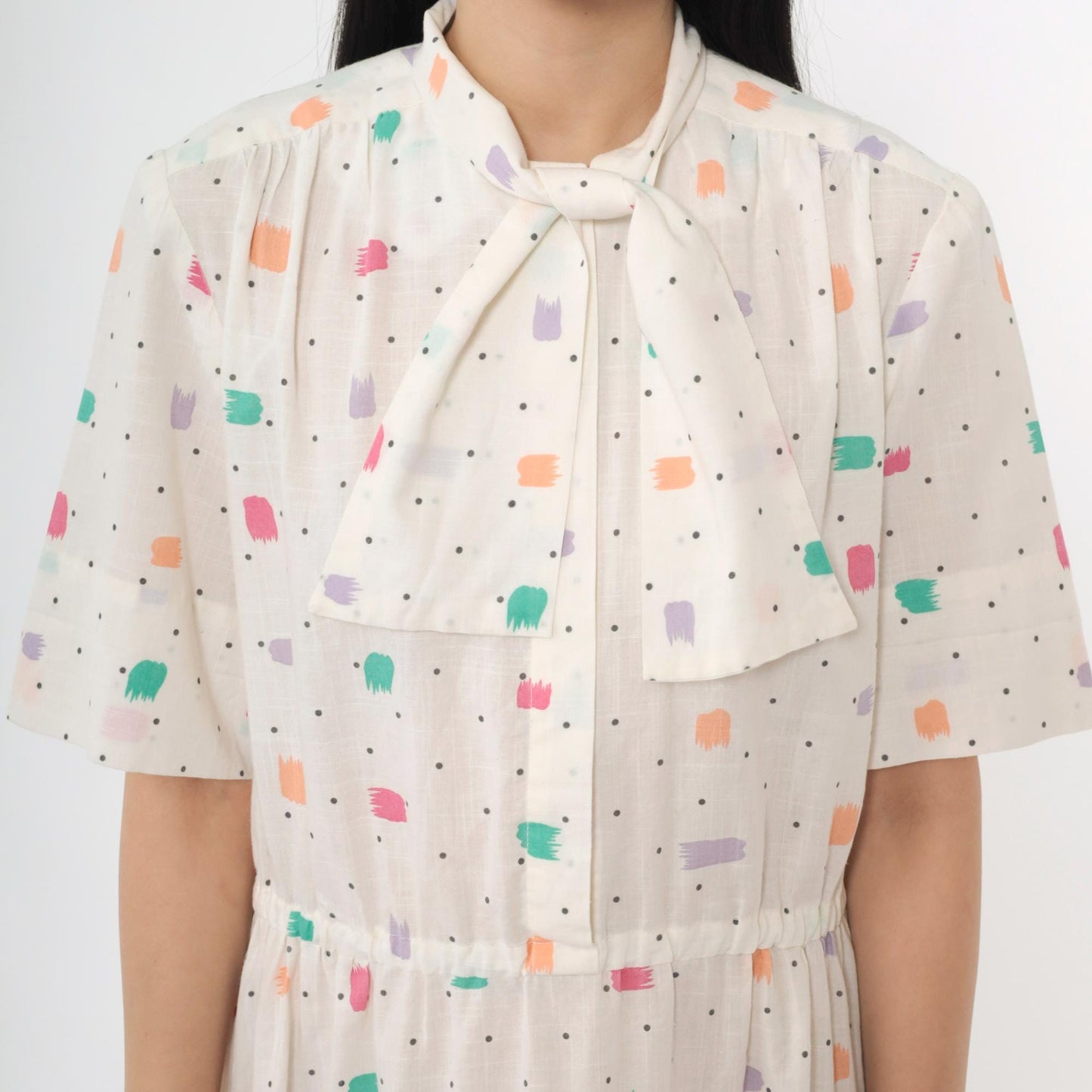 80s White Brushstroke Polka Dot Midi Shirtdress Ascot High Waist Large
