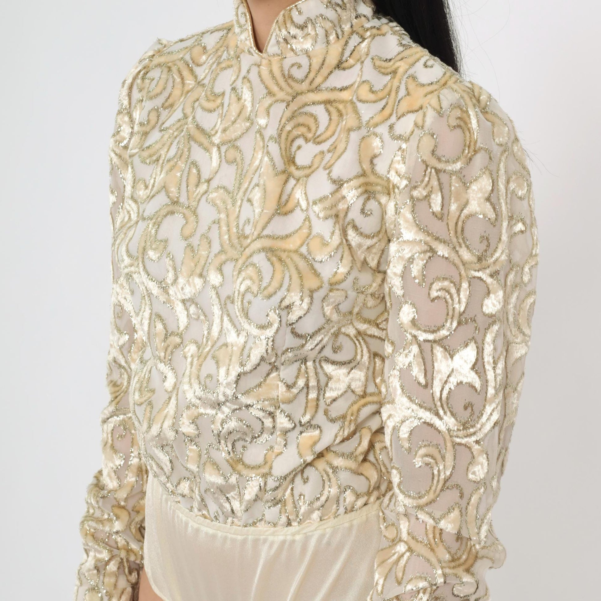 80s Metallic Velvet Burnout Bodysuit Ivory Gold Mandarin Collar Long Sleeve Extra Small