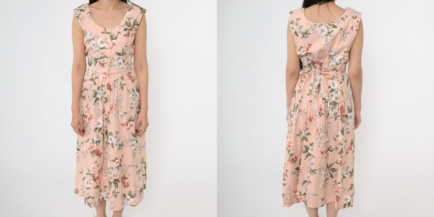 80s Pink Floral Midi Shirtdress Basque Waist Cap Sleeve Button Front Medium