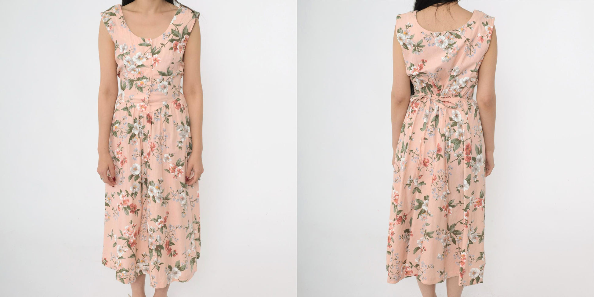 80s Pink Floral Midi Shirtdress Basque Waist Cap Sleeve Button Front Medium