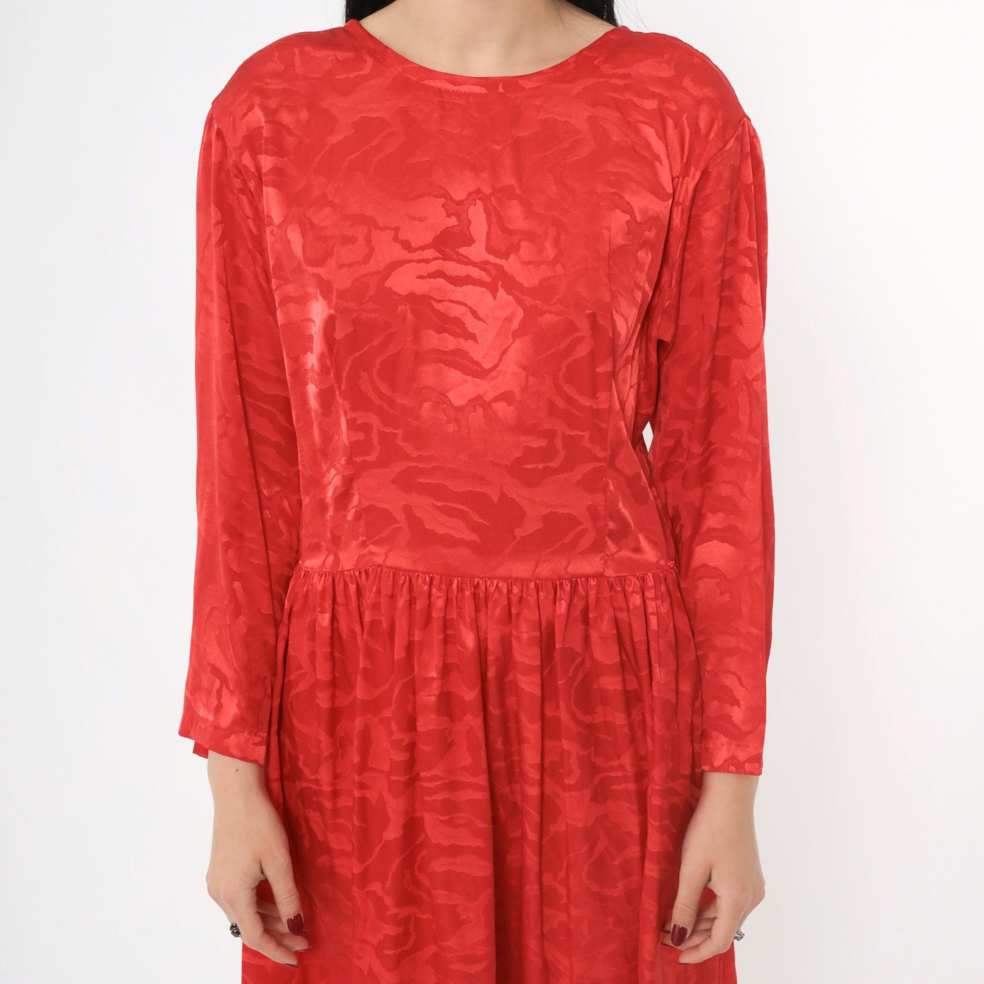 80s Apostrophe Red Jacquard Midi Dress Scoop Back Long Sleeve Medium M