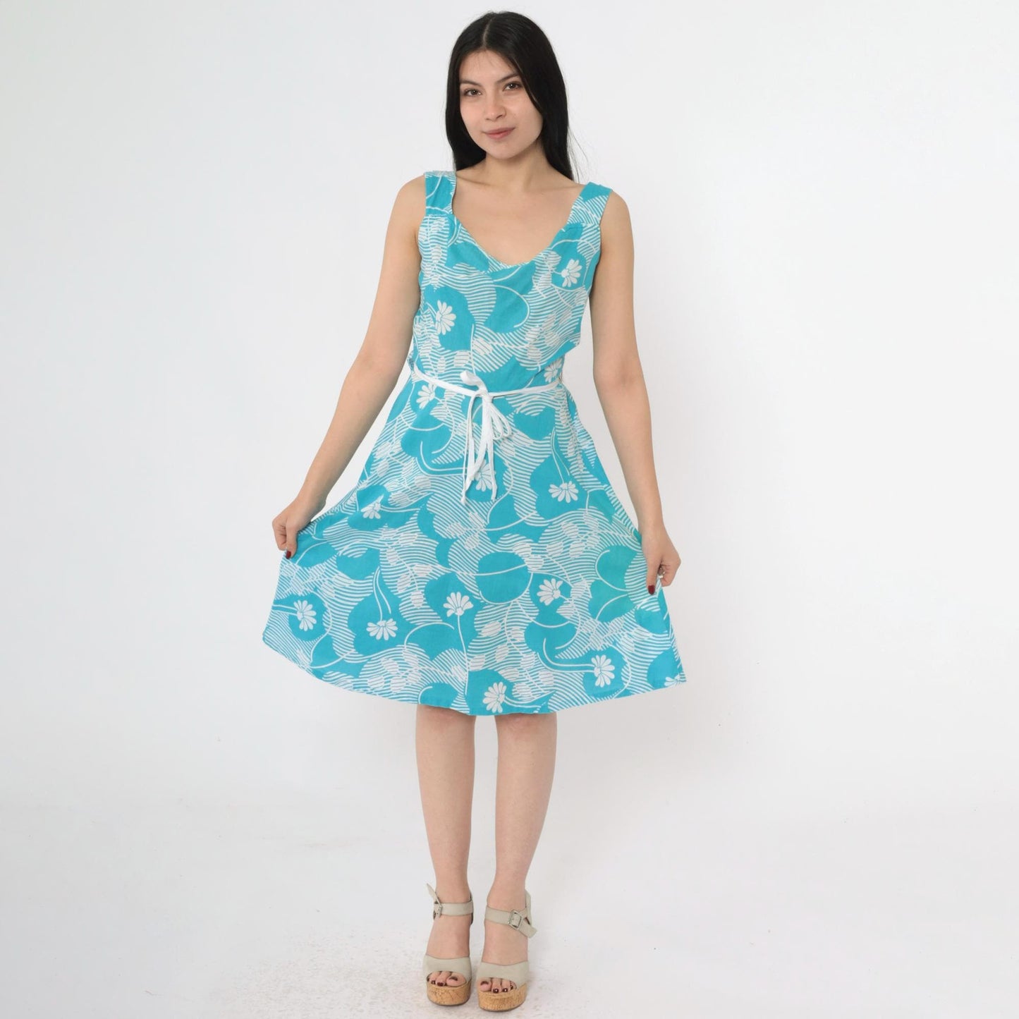 70s Andrade Hawaiian Floral Wrap Sundress Blue White A-Line Small