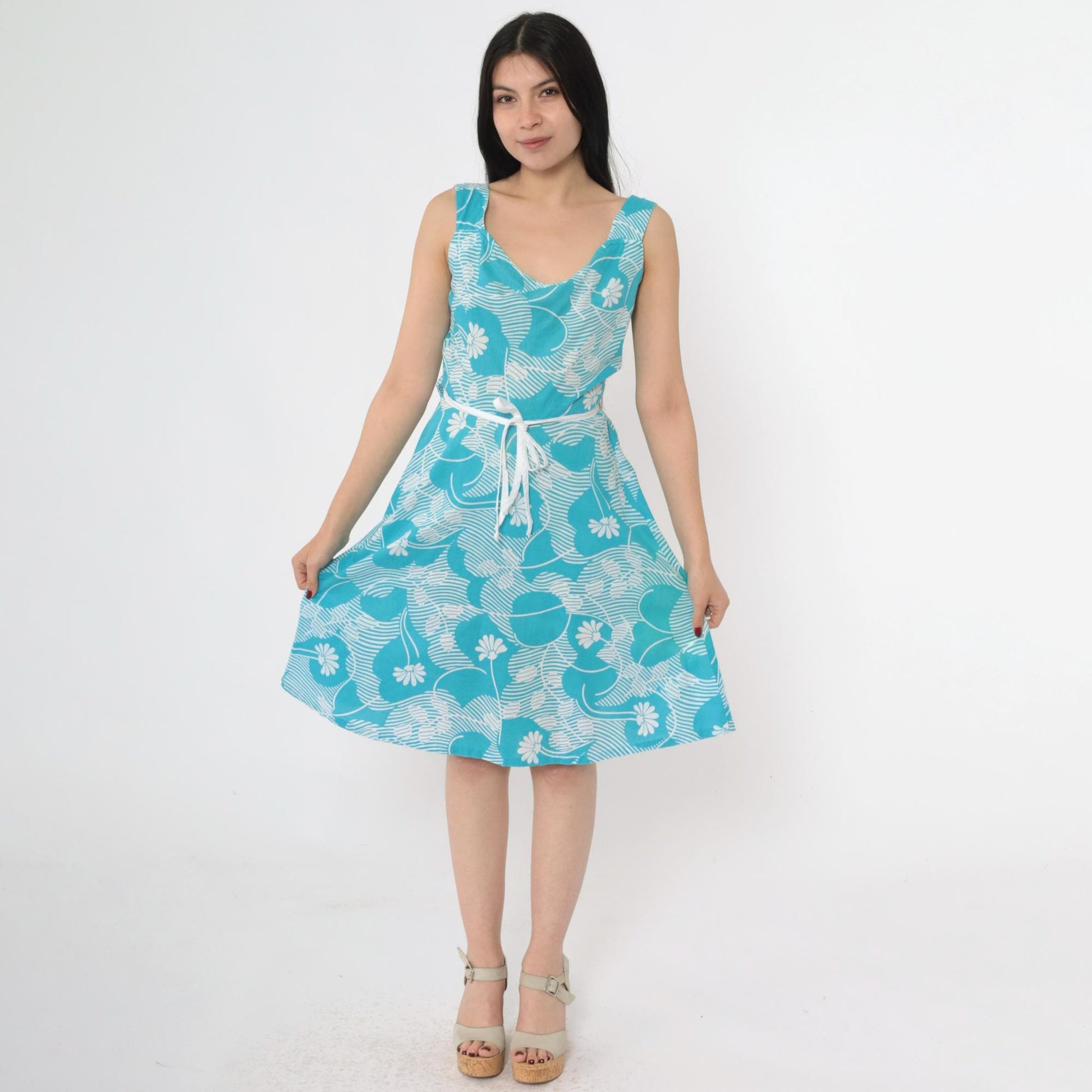 70s Andrade Hawaiian Floral Wrap Sundress Blue White A-Line Small