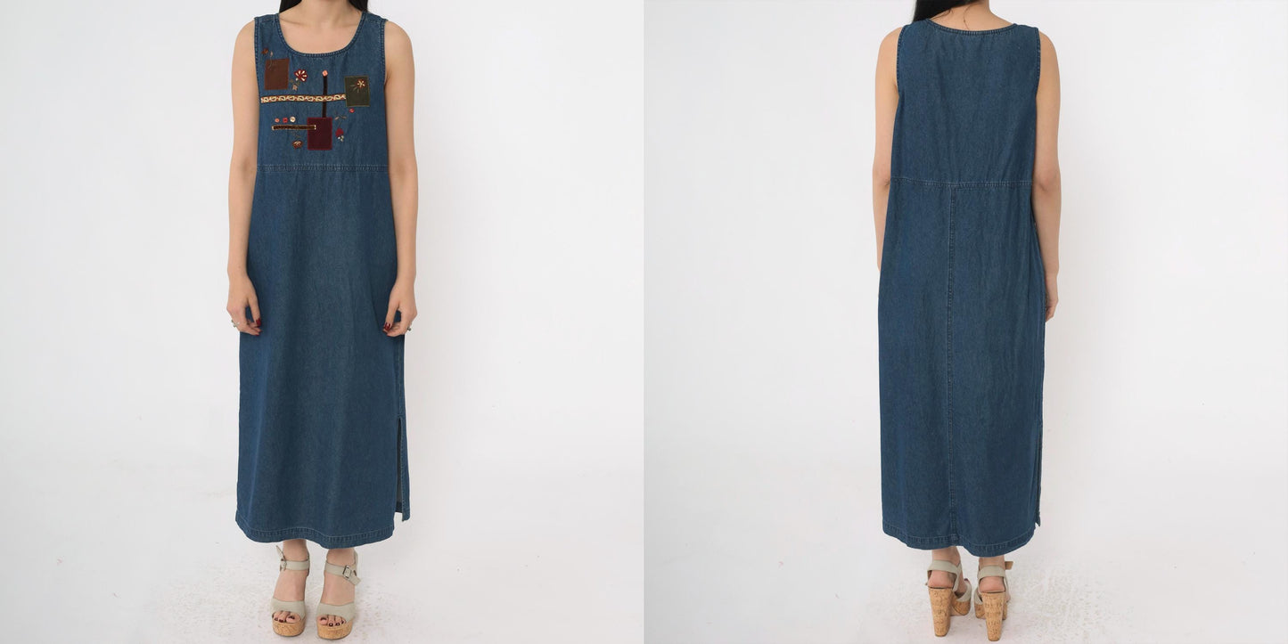 90s Blue Denim Dress Floral Embroidered Patchwork Sleeveless Ankle Length Medium