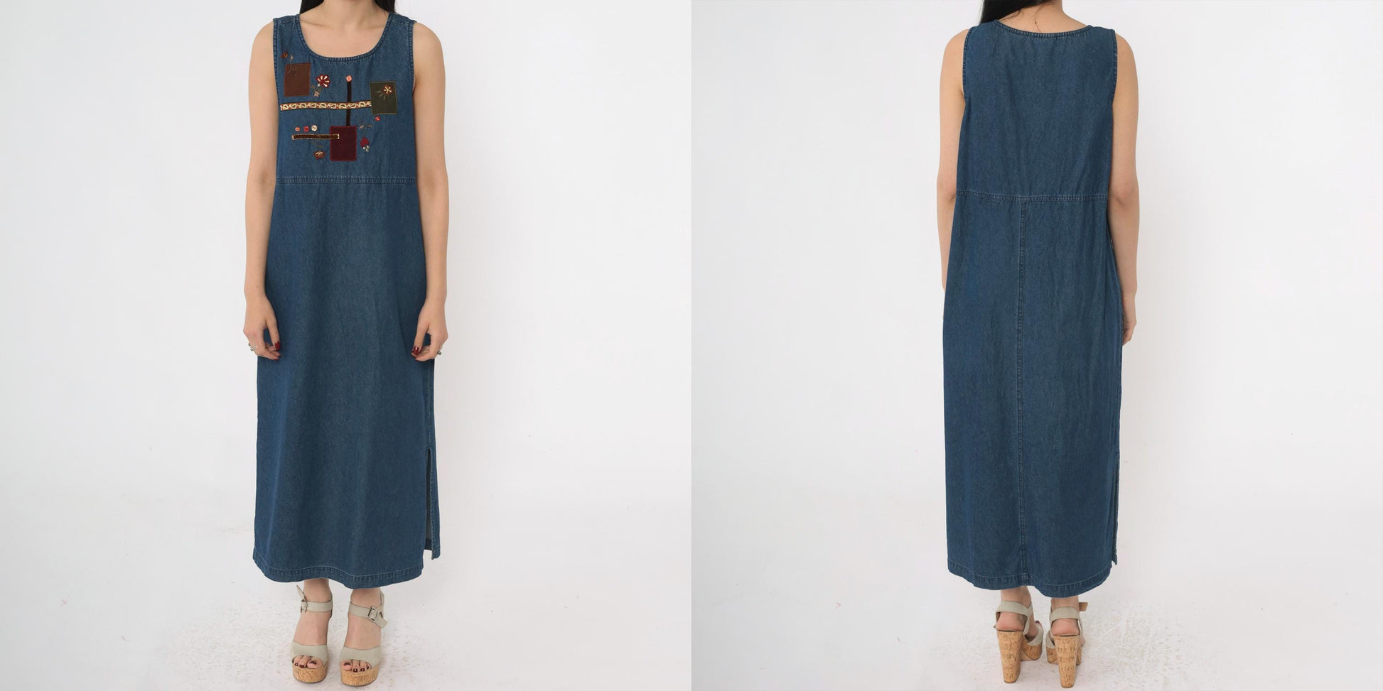 90s Blue Denim Dress Floral Embroidered Patchwork Sleeveless Ankle Length Medium