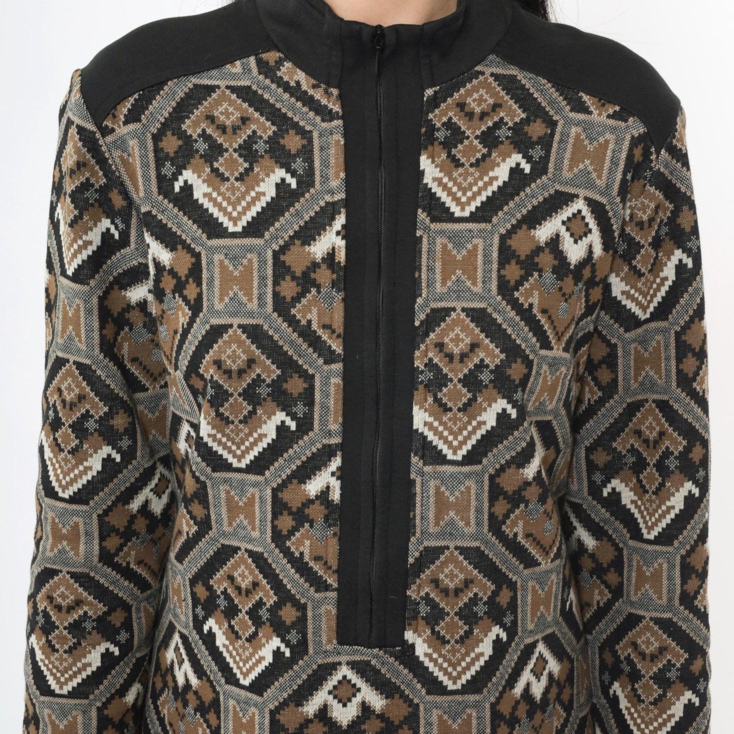 70s Mod Shift Dress Geometric Print Mock Neck Mini Black Brown Medium