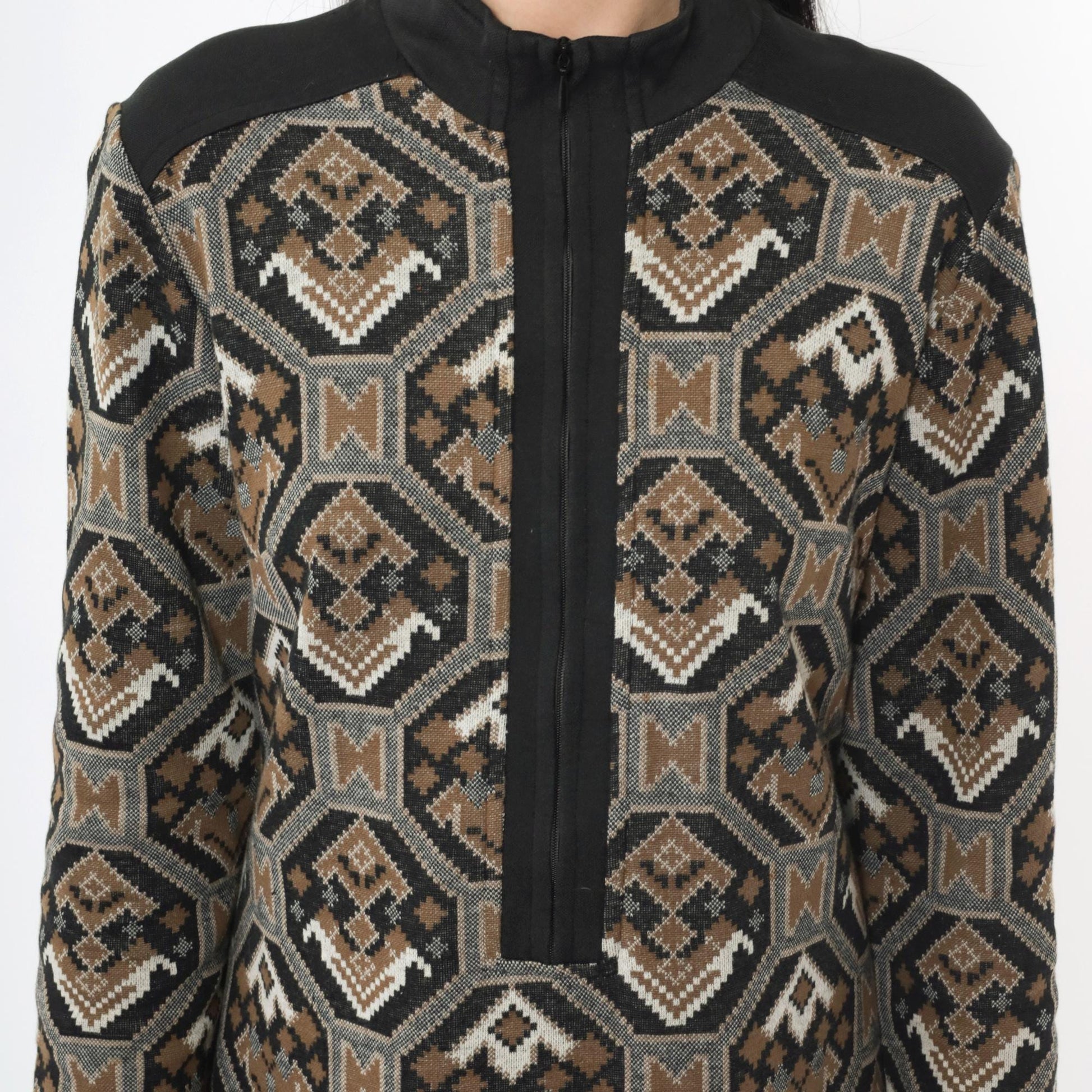 70s Mod Shift Dress Geometric Print Mock Neck Mini Black Brown Medium