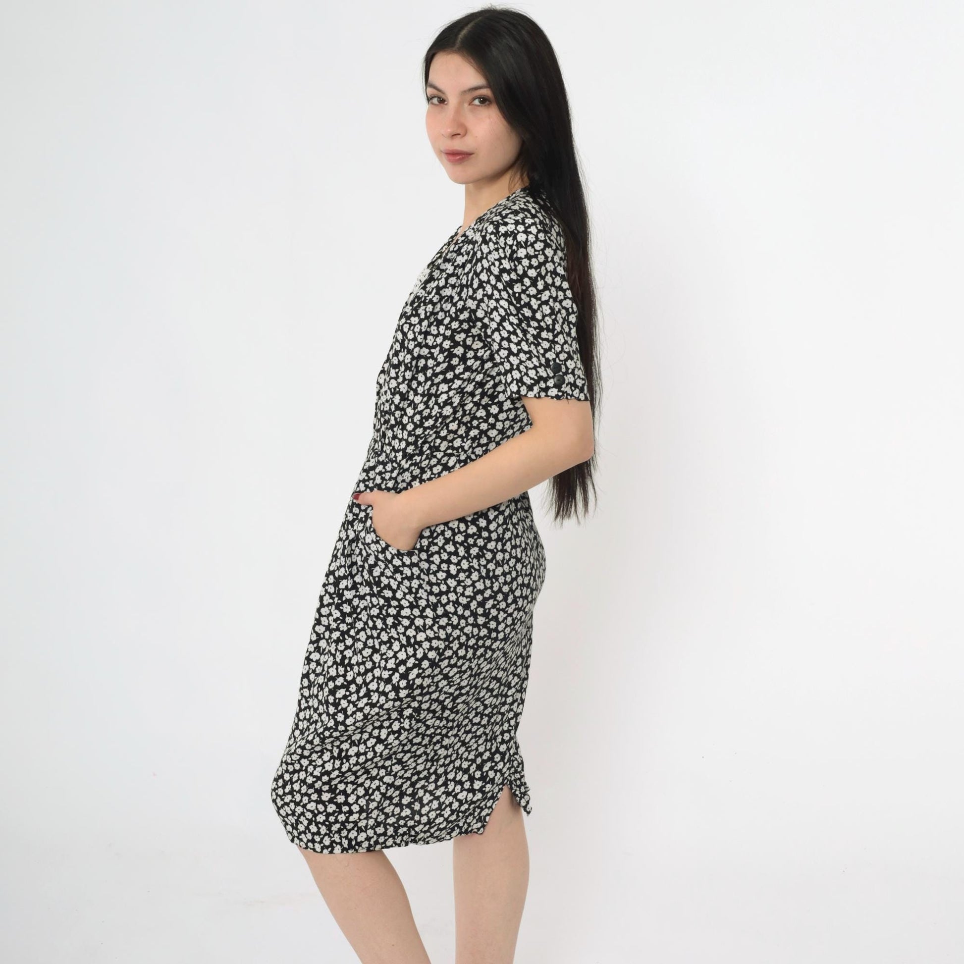 90s Karin Stevens Black Floral Midi Dress Puff Sleeve Lace V-Neck Small