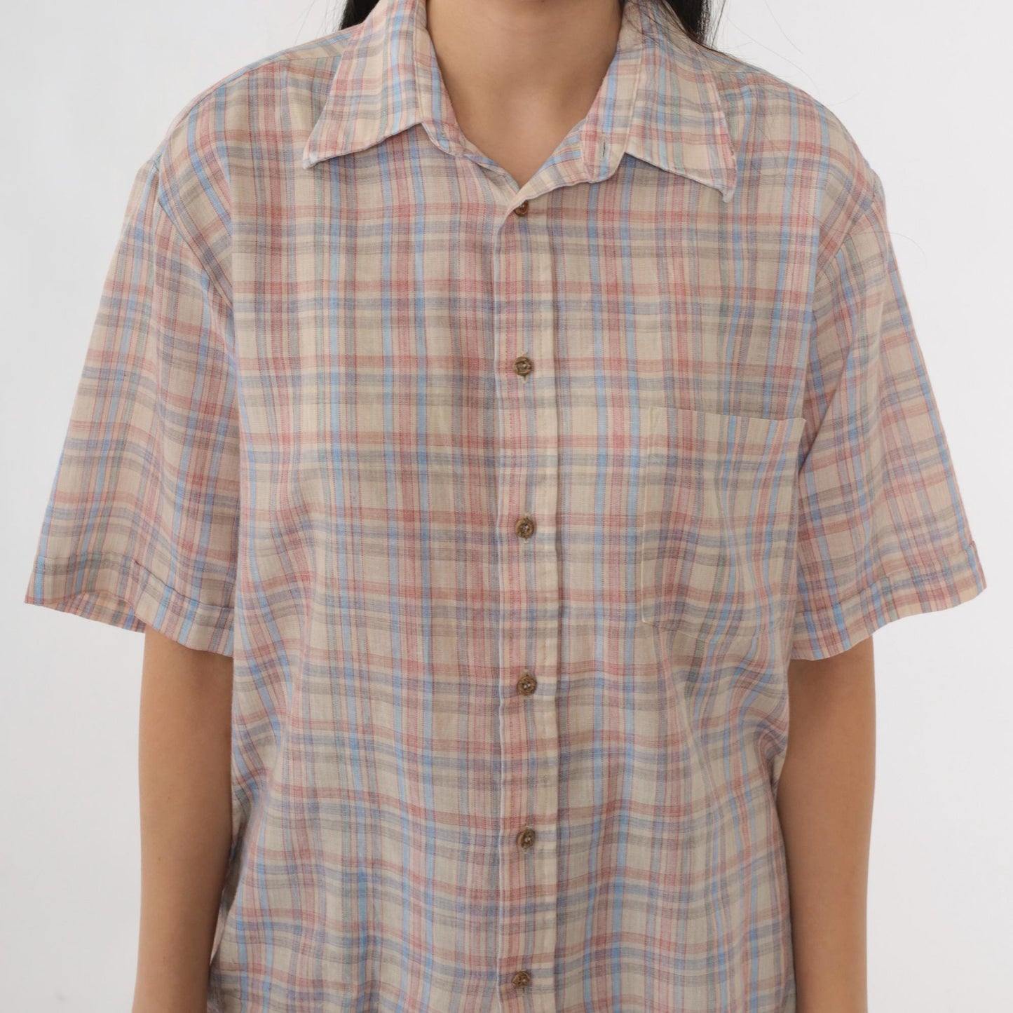 80s Cream Plaid Button-Up Shirt Pink Blue Checkered Short Sleeve Medium