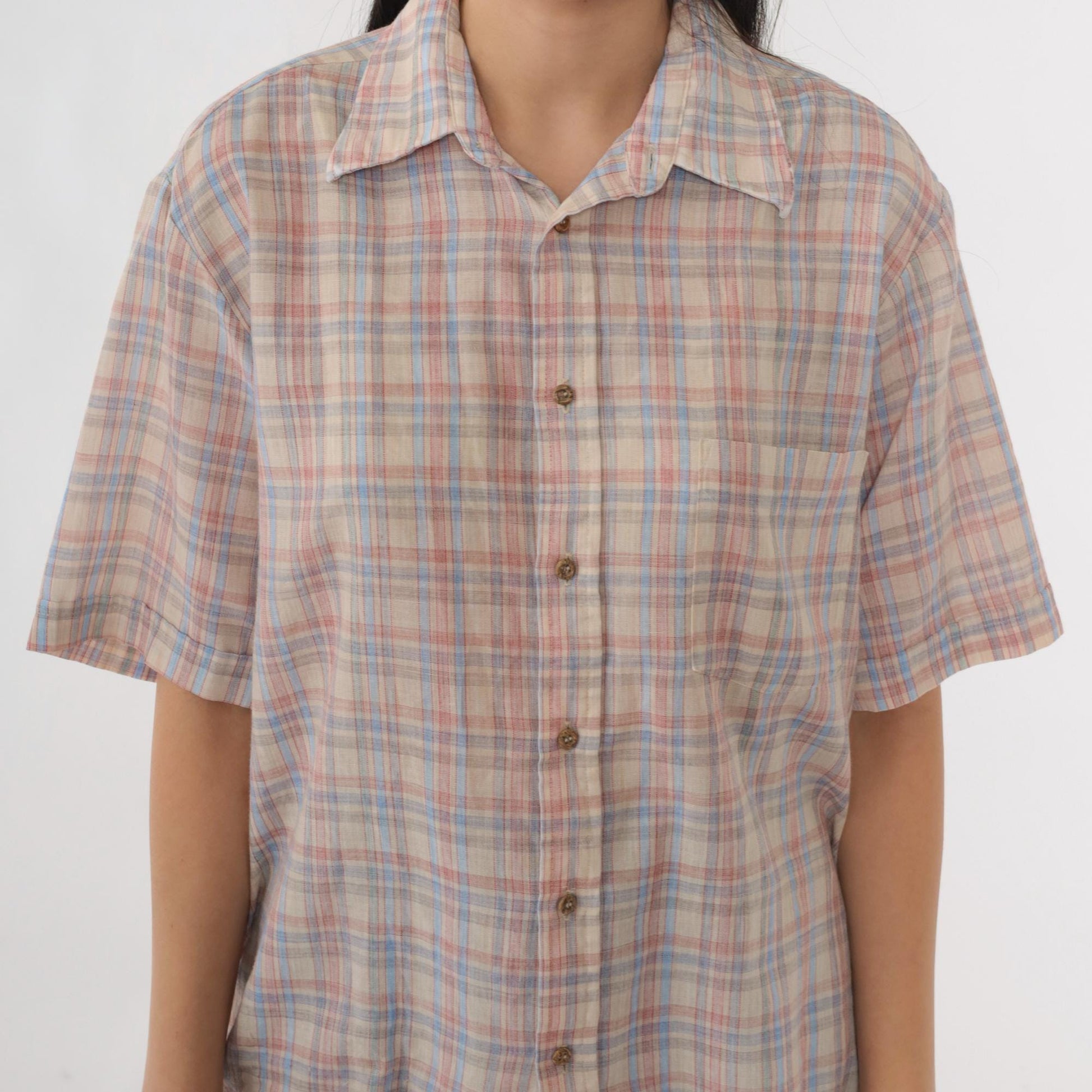 80s Cream Plaid Button-Up Shirt Pink Blue Checkered Short Sleeve Medium