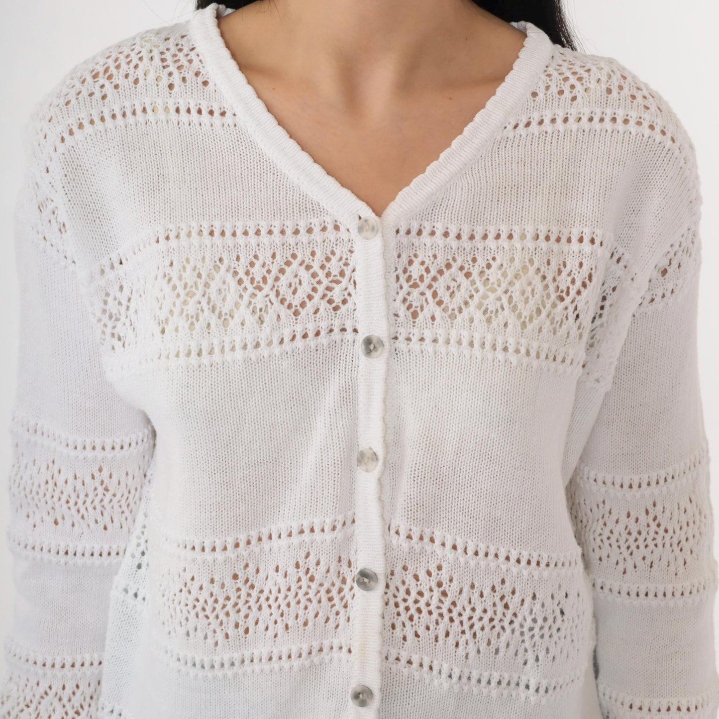 80s White Pointelle Cardigan Sheer Cutout Button-Up V-Neck Medium M