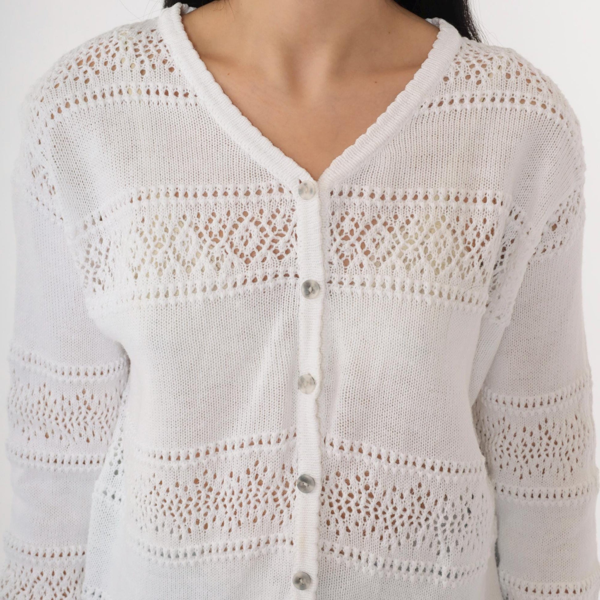 80s White Pointelle Cardigan Sheer Cutout Button-Up V-Neck Medium M
