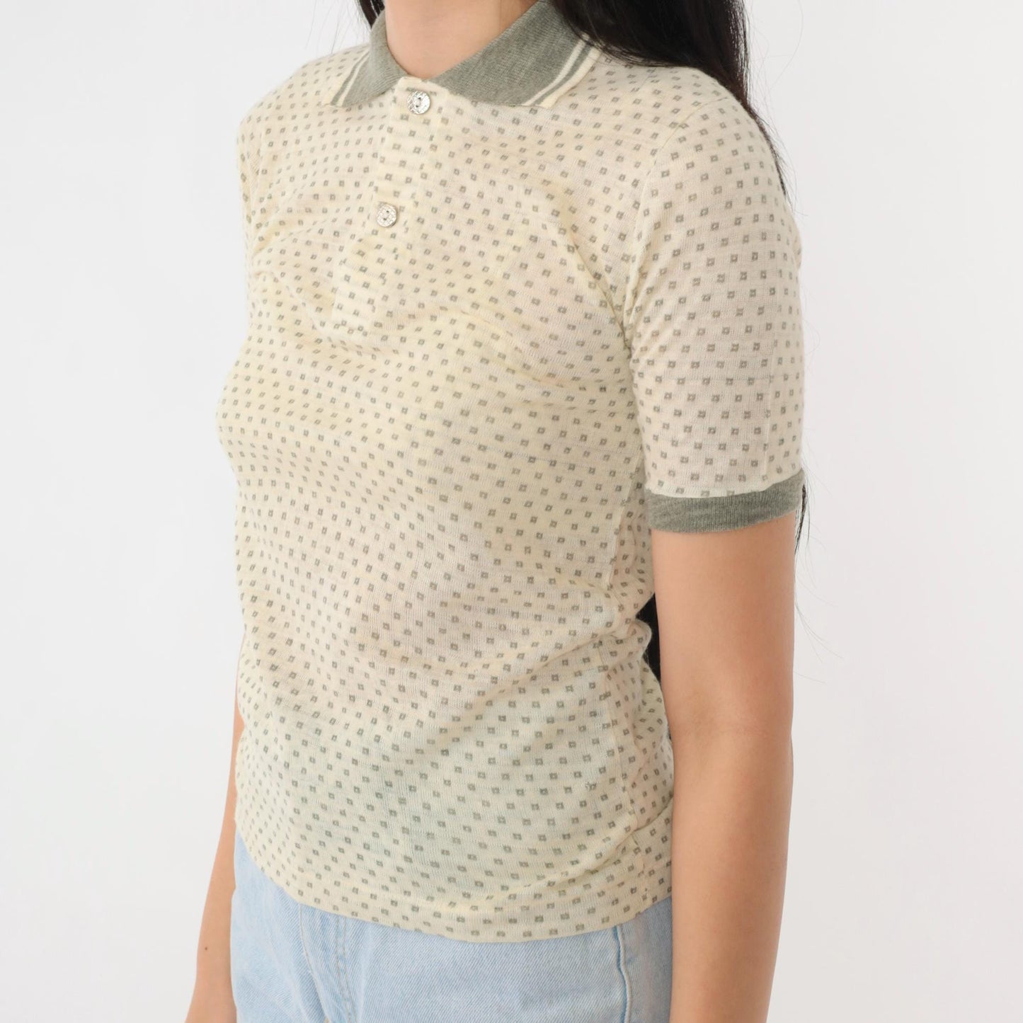 80s RoyCo Sportswear Cream Knit Polo Polka Dot Grey Short Sleeve Extra Small