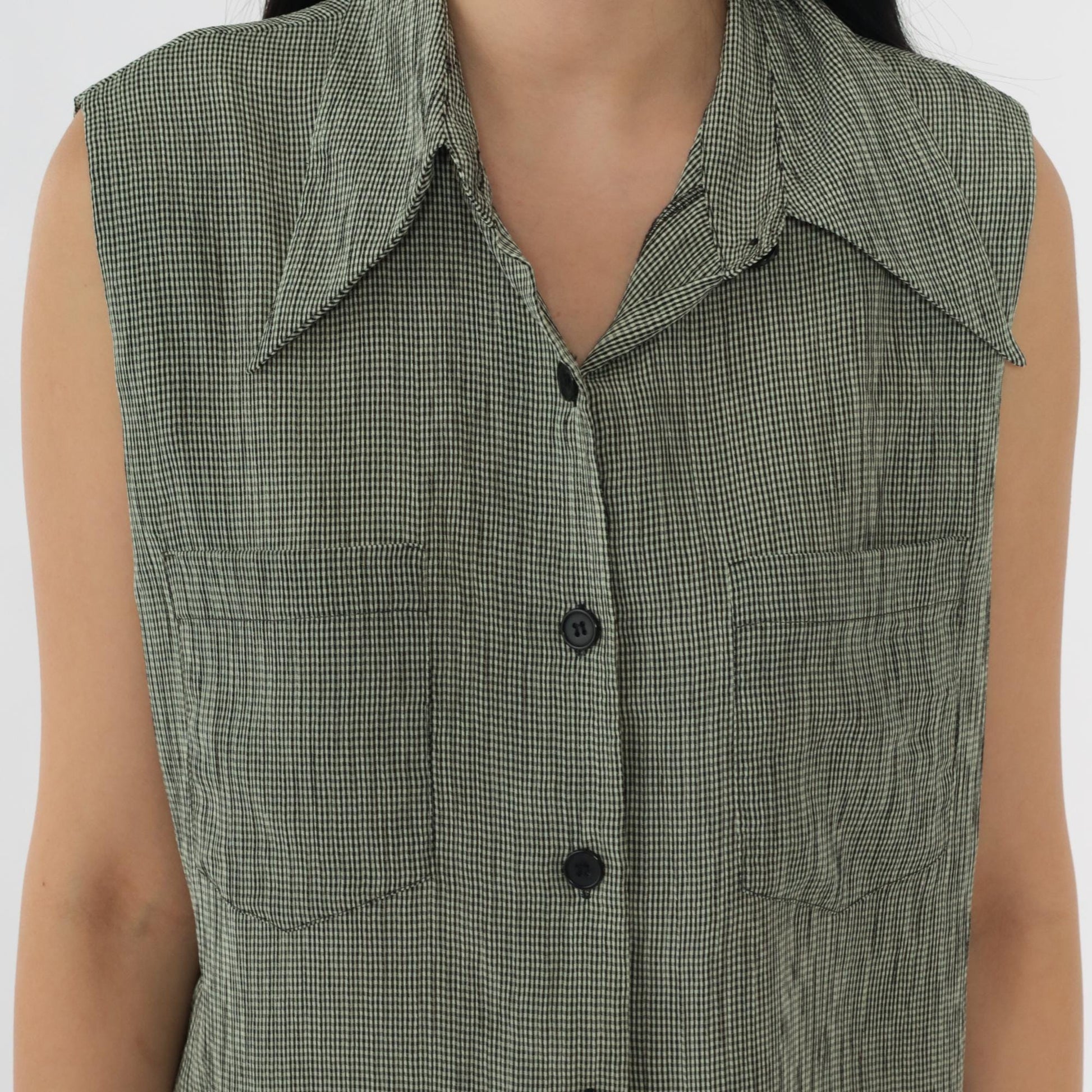 90s Marianna Black Cream Checkered Sleeveless Blouse Long Tail Button Up Large