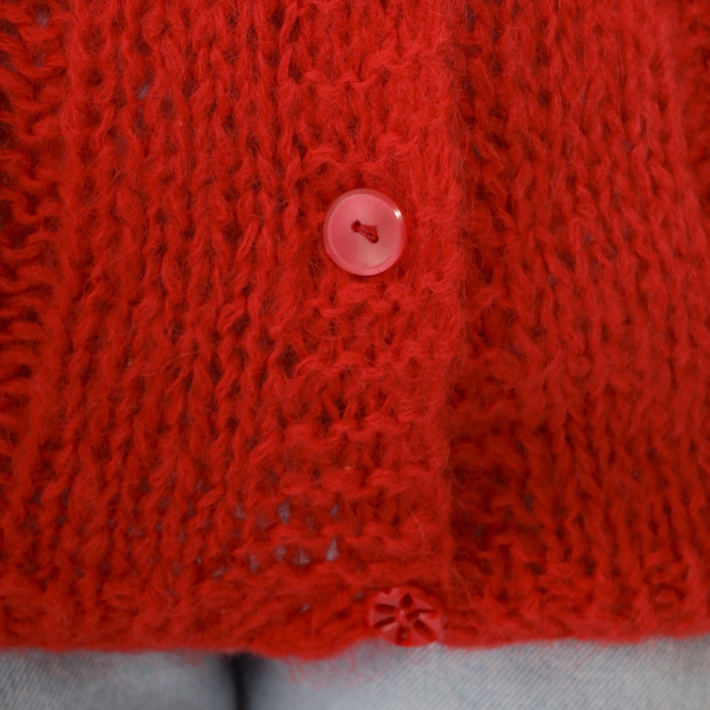 70s Carol Brent Wool Mohair Cable Knit Cardigan Red Semi-Sheer Extra Small