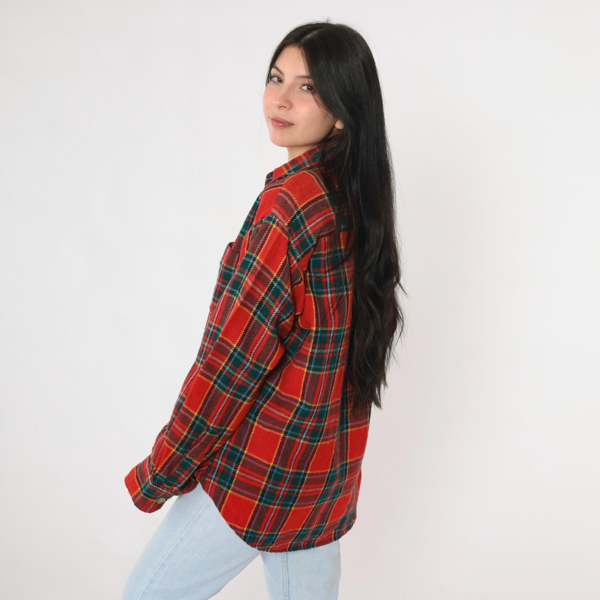 70s Red Plaid Wool Shirt Button Up Long Sleeve Tartan Large