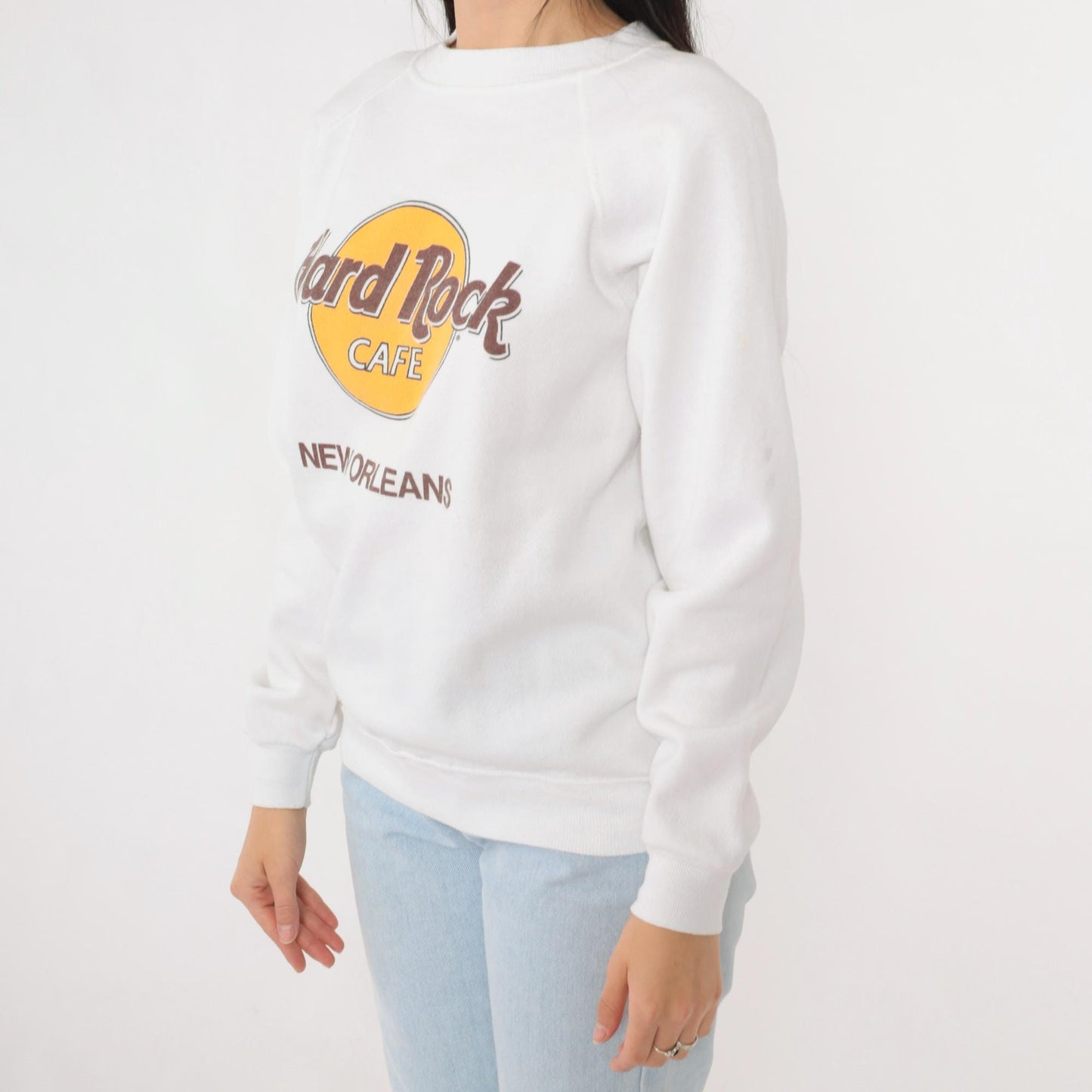90s Hard Rock Cafe New Orleans Raglan Sweatshirt White Graphic Small