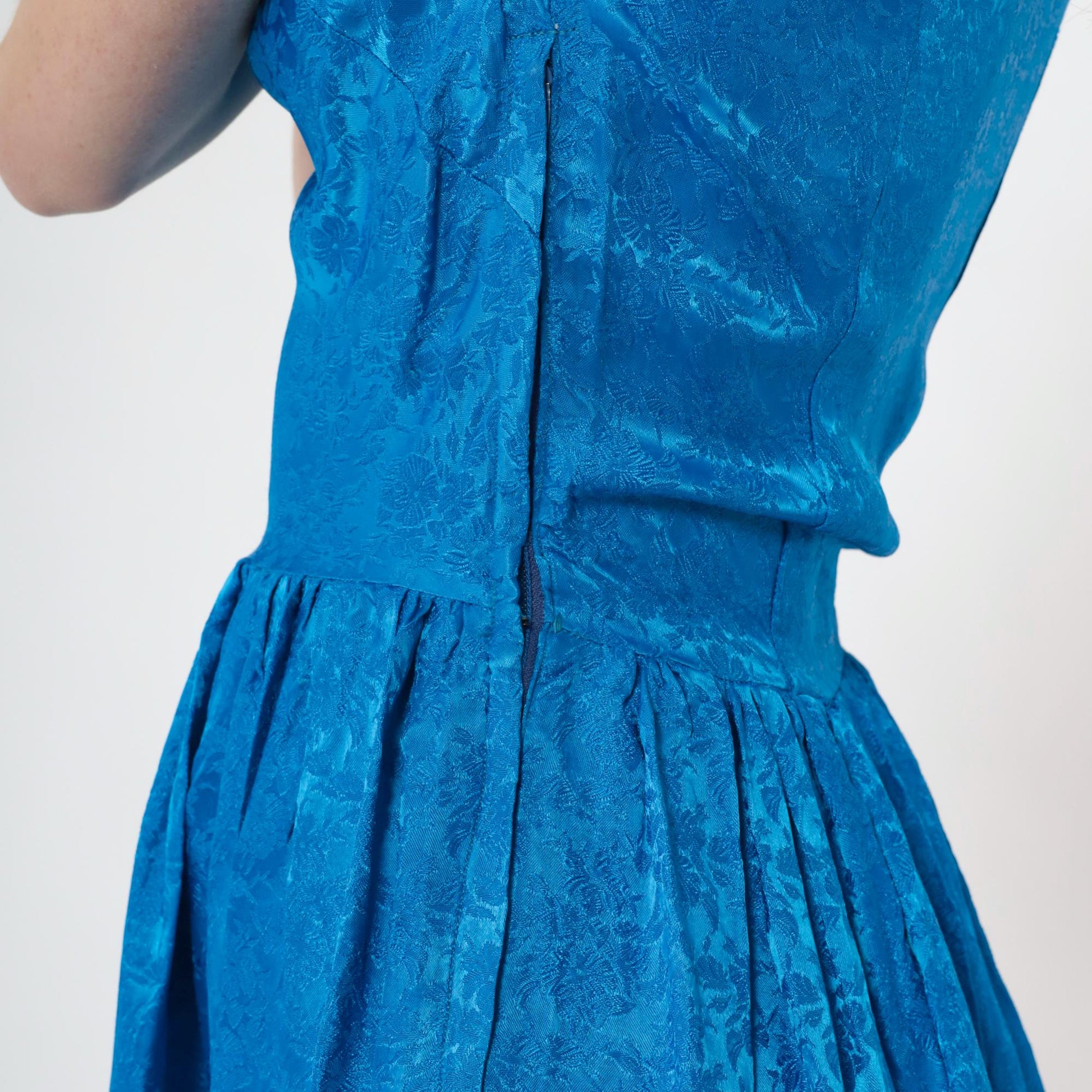 60s Blue Damask Floral Jacquard Cocktail Dress Sleeveless Fit Flare Extra Small