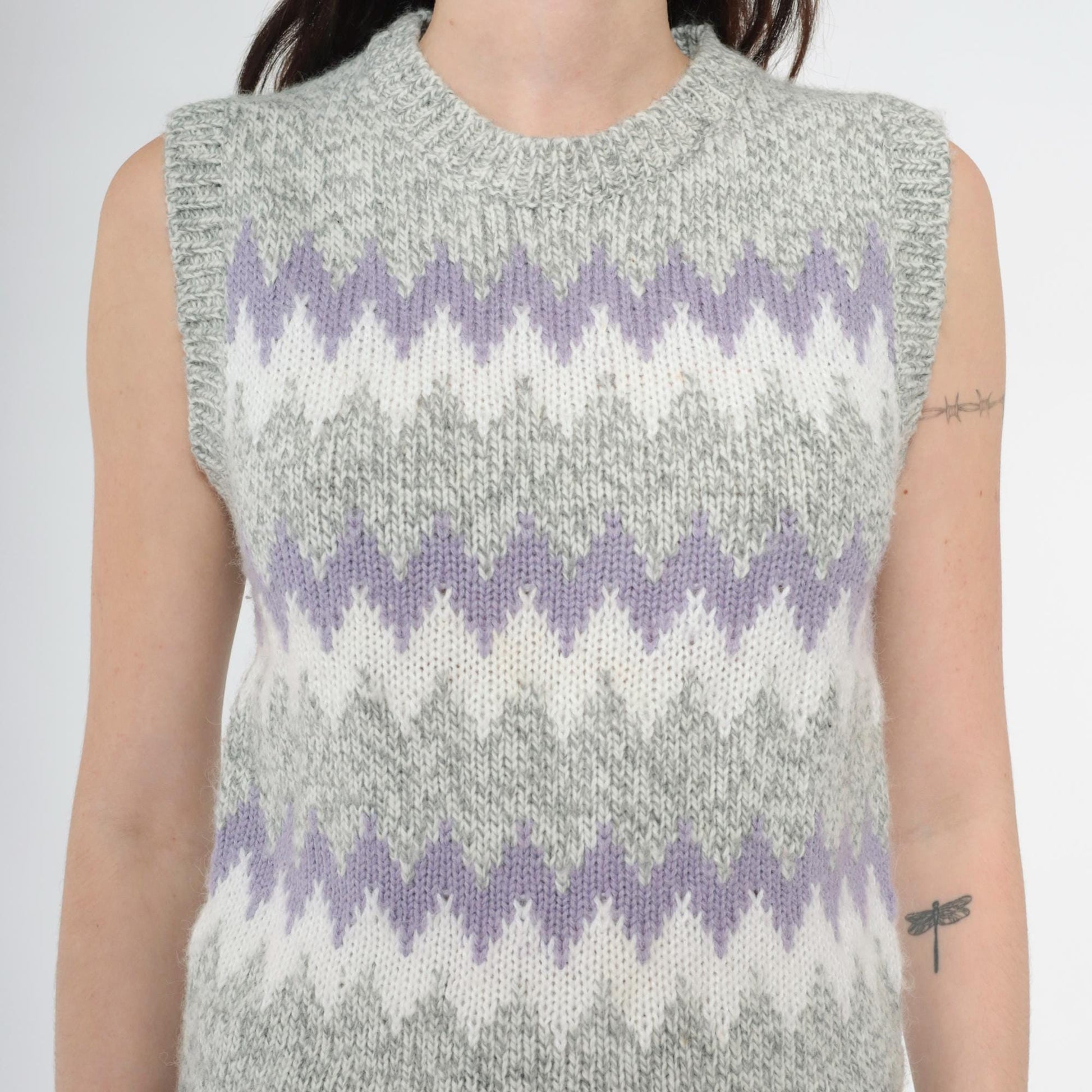 80s Grey Wool Blend Sweater Vest Lavender White Zig Zag Knit Crewneck Extra Small