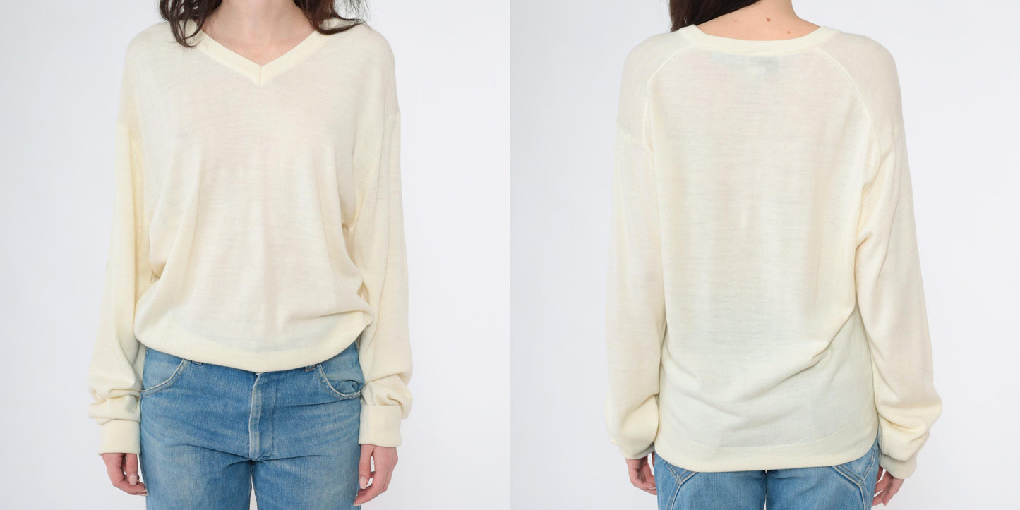 80s Izod Lacoste Cream Wool Blend V-Neck Sweater Pullover Medium