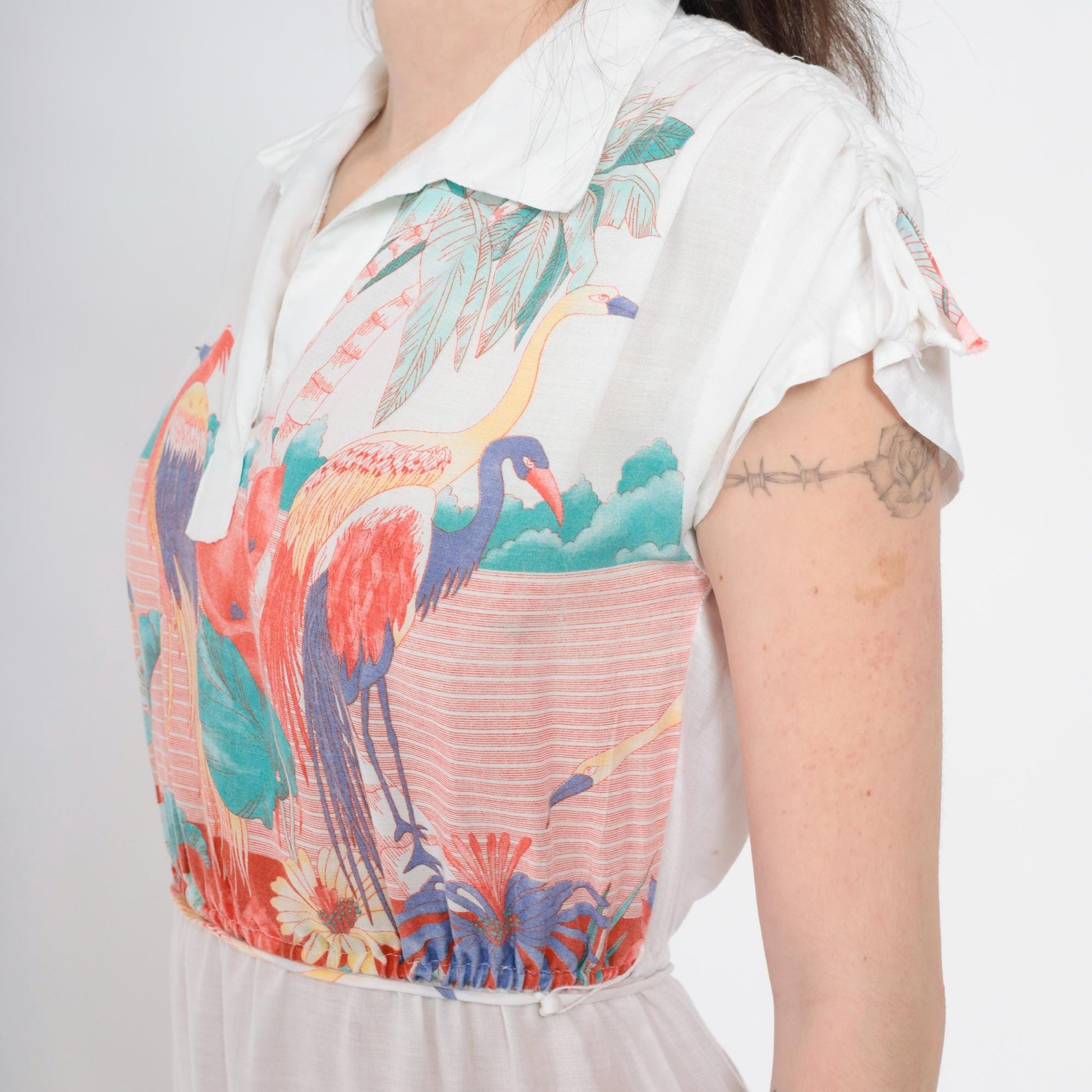 80s Tropical Bird Midi Dress White Crane Print Elastic Waist Polo Collar Extra Small
