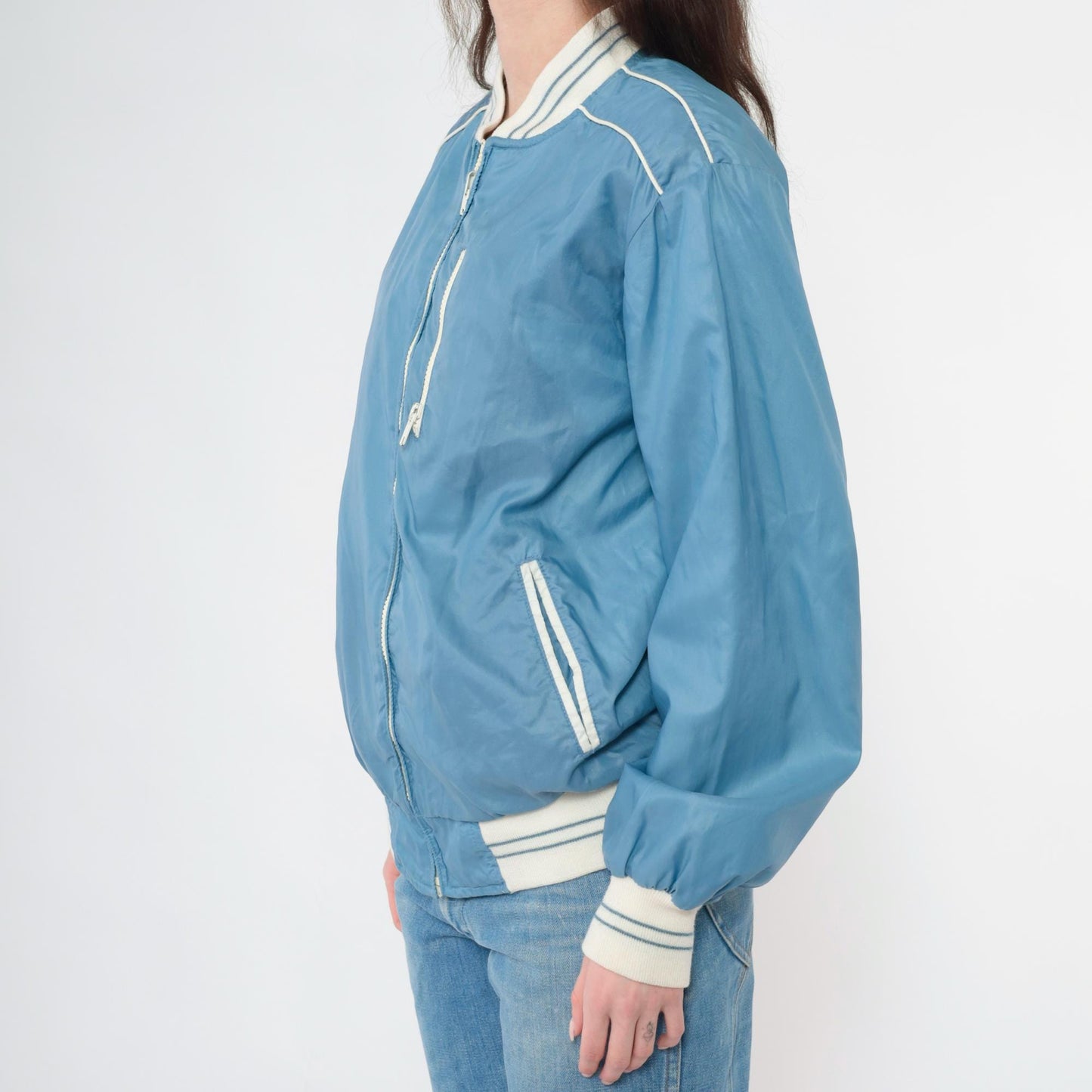 80s Reversible Windbreaker Jacket Blue White Color Block Bomber Medium